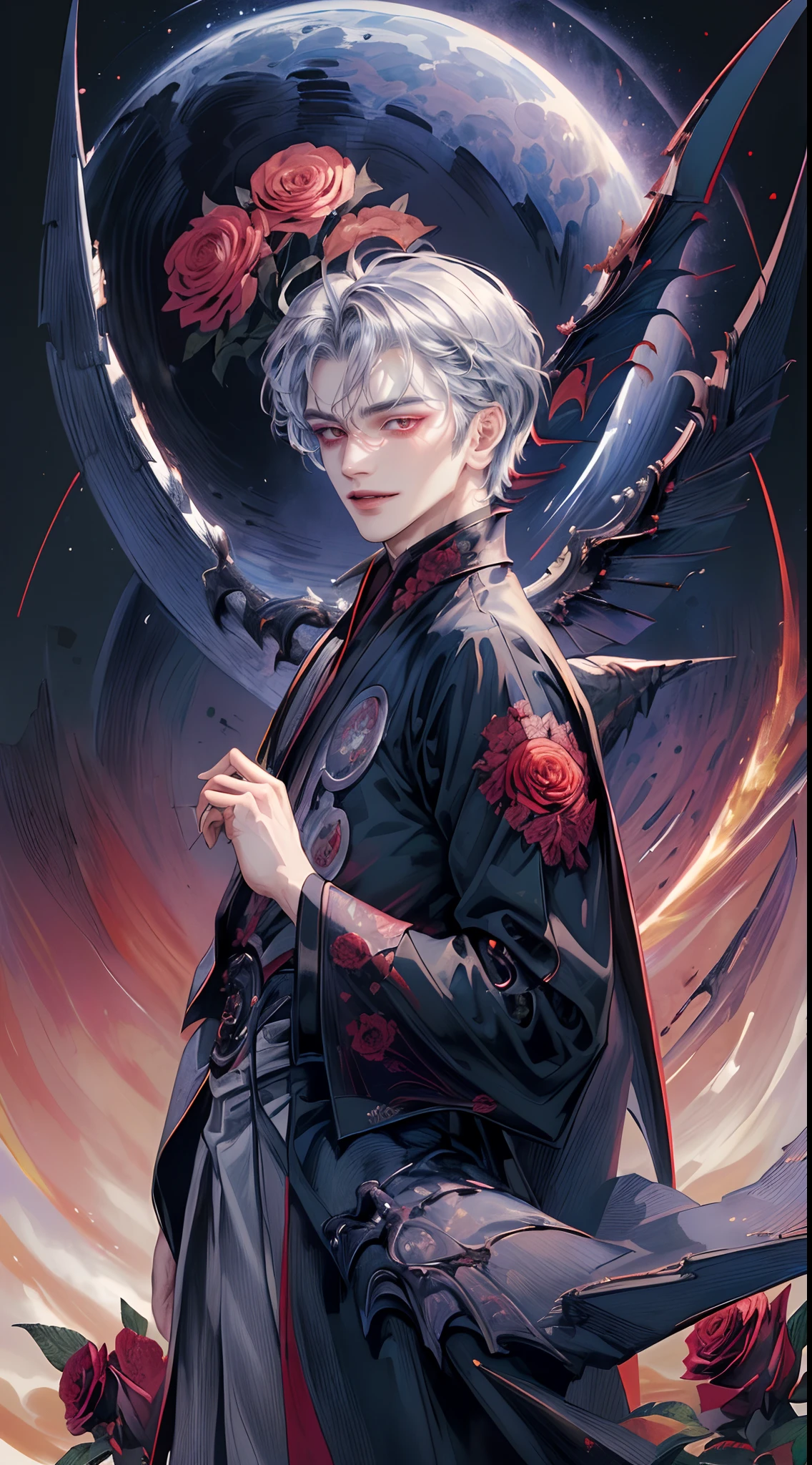 ((4K works))、​masterpiece、（top-quality)、((high-level image quality))、((One Beautiful Fallen Angel Man))、Slim body、((Vampire Black Y-Shirt Fashion))、(Detailed beautiful eyes)、((Red roses and crows on fantastic black background))、Inside the Evil Castle、((Face similar to Chaewon in Ruseraphim))、((short-haired))、(((bright silver hair)))、((Smaller face))、((Neutral face))、((Red Eyes))、((Korean Male))、((18year old))、((wild boy))、((Bad look))、((Show your teeth and smile))、((Korean makeup with black eyeshadow))、((elongated and sharp eyes))、((Shot alone))、((Fallen angels))、Photos of fallen angels、Villain、Dark Proof、((Shot diagonally from the side))、Fallen Angel Pose