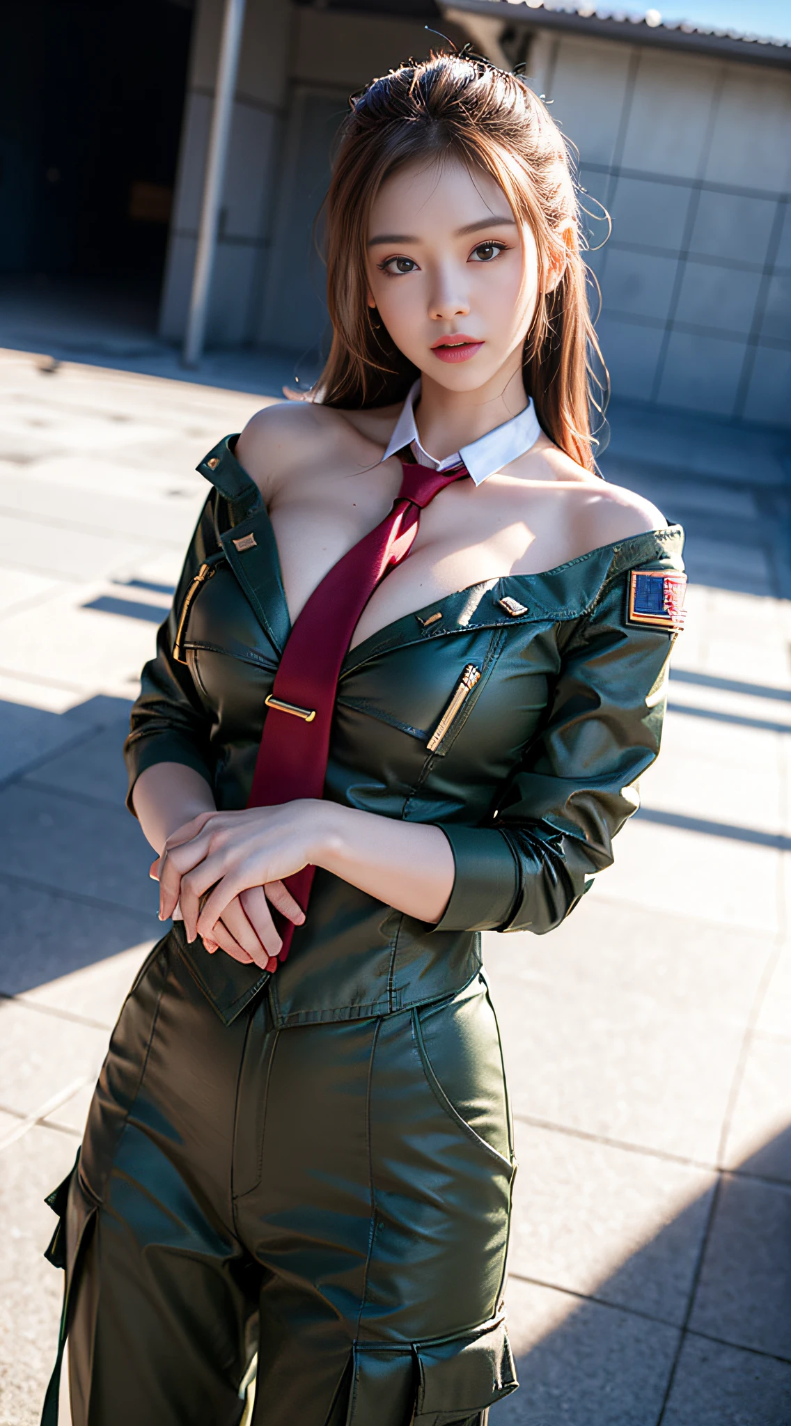 Very detailed CG Unity 8K wallpaper,(tmasterpiece),Colossal tits、Toned buttocks、pale pink lip、（Blush cheeks 1.8）、(best qualtiy),(ultra - detailed),(Ultra photo realsisim),(best character detail:1.36),Nikon D750 F / 1.4 55mm,profetional lighting, Anatomically correct proportions、Anatomically correct limbs、Anatomically correct fingers、physically-based renderingt, 1girll, female soldier,Zeon Military Uniform,Green military uniform,Fabric texture military uniform,snow-white lining,red necktie,bangss、brown hair updated hair,the golden ratio,[:(with detailed face:1.2):0.2]:,Loss of pure face_v1, Kpop Idol、broad shoulder,(Bigchest:1.5),(Big Assa:1.5),Drenched in sweat,red flag,In the square,Superb view,Bright sun、