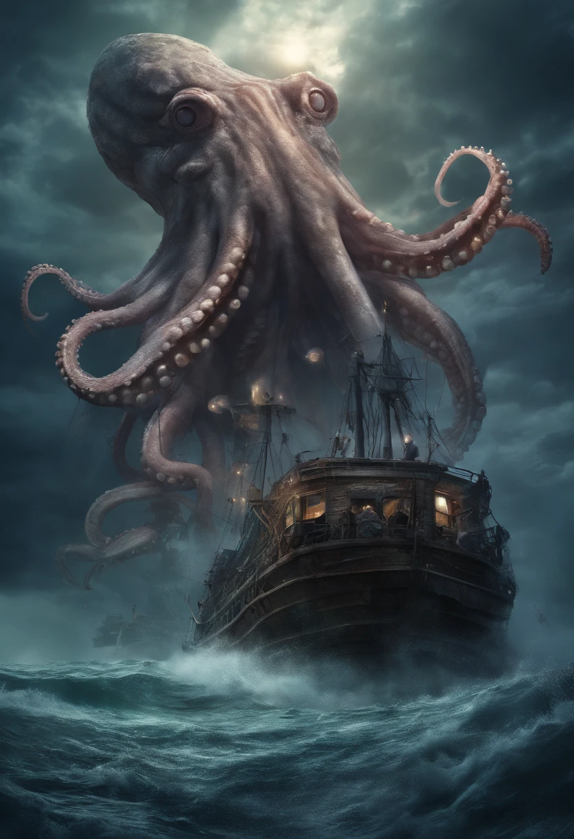 (style of Ilya Kuvshino, [OverallDetail:HairDetail fHandDetail SkinDetail :0.7]:1.2),  (HP Lovecraft Sea Tentacle Monster, Cthulhu attacks trawling boat), fierce storm raging, chaotic waves crashing, dim light flickering, eerie shadows, subsurface scattering