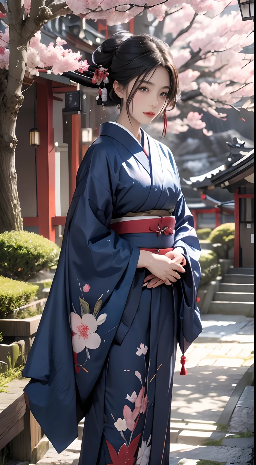 Japanese landscape、Wearing a dark blue kimono、The cherry tree、Mt fuji