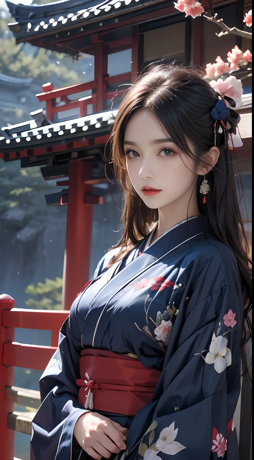 Japanese landscape、Wearing a dark blue kimono、The cherry tree、Mt fuji