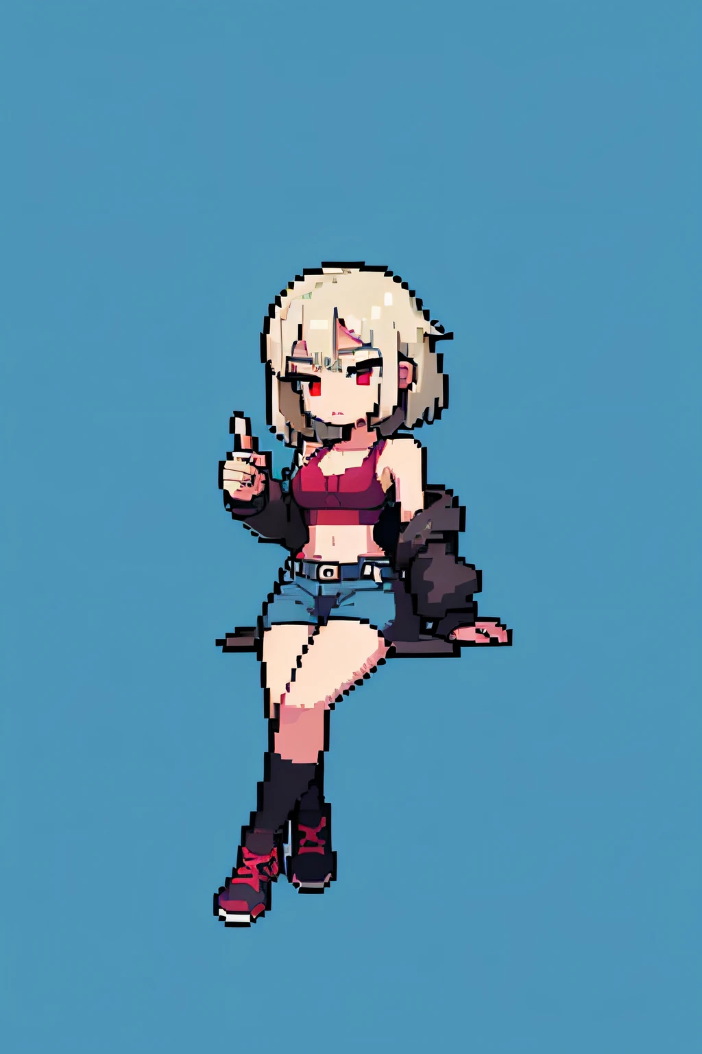 (masterpiece, top quality, best quality, less detail, 8-bit color), pixel,pixel art,1girl,beauty face, ilde pose,attack pose, US style, long poor jacket, game asset, simple silver hair, simple bra on top, simple short pant, silver hair, red eyes, vampire element, cinematic lighting, intricate, simple background, detailed face, full body, (outline:1.2), (popart:1.3), lineart, , , 1girl, sitting, hanfu, skistyle,, ,