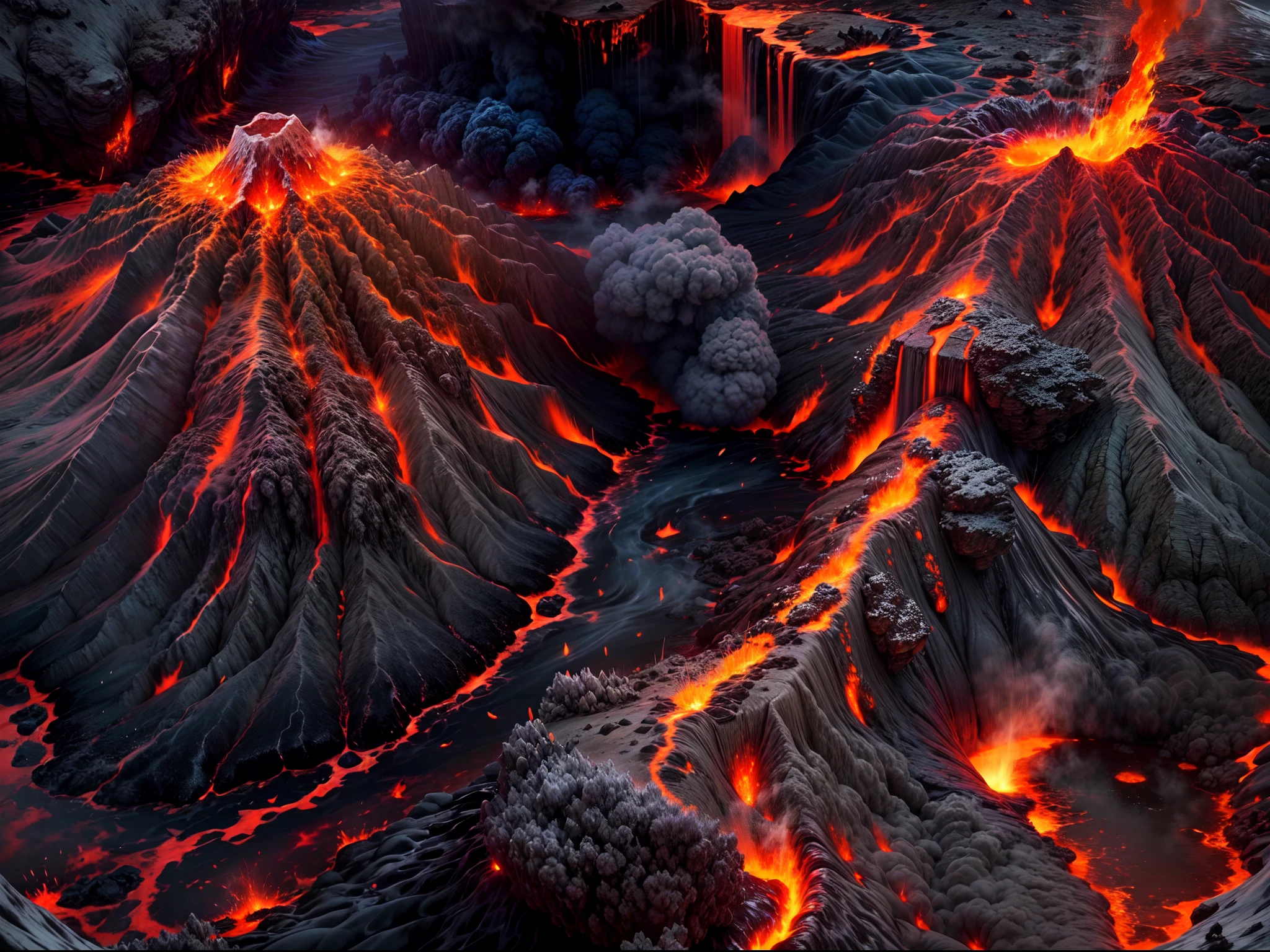 (Best quality,4K,8K,A high resolution,Masterpiece:1.2)。wallpaper hd，The power of nature。（Close-up of volcanic island：volcano exploding，Lava eruption，Smoke rises into the air，Ominous clouds，Red volcanic magma flowing in the fissure，Liquid magma，A large amount of liquid magma）