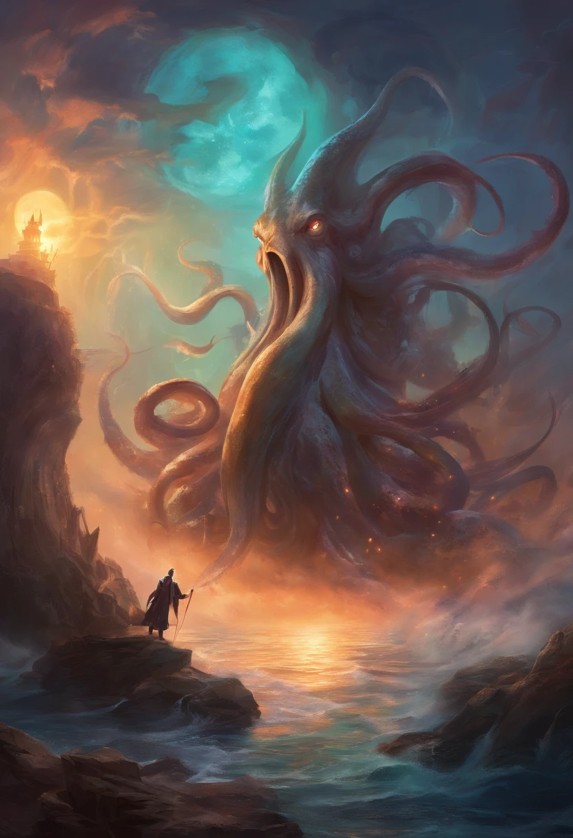 kraken, giant villainous squid shipwreck consuming humans under nightmare moon