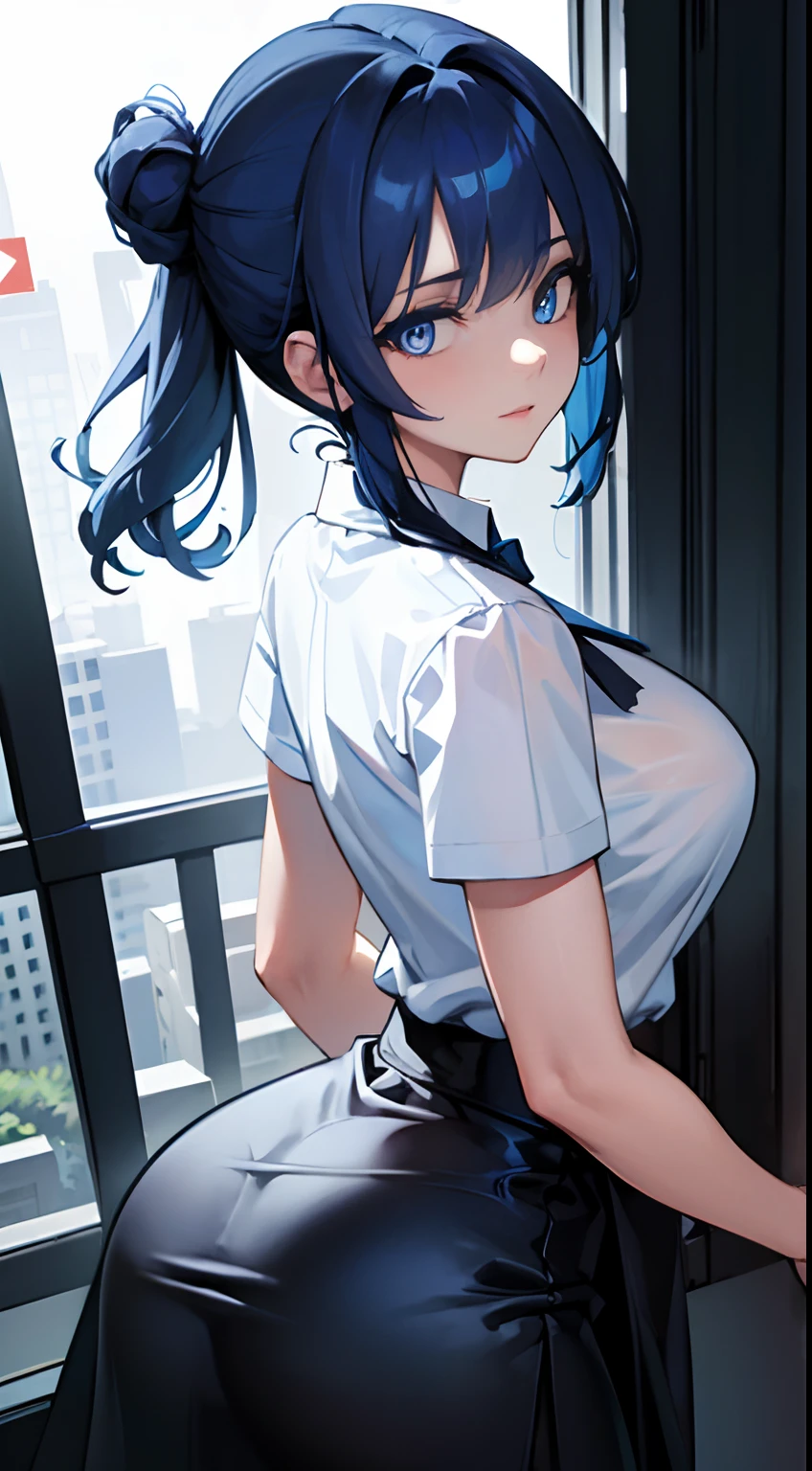 ((masterpiece)),(best quality),(detailed),(1girl),  blue hair, blue glowing eyes, Updo, white shirt, black skirt, looking down on the viewer, waist shot, butt to camera