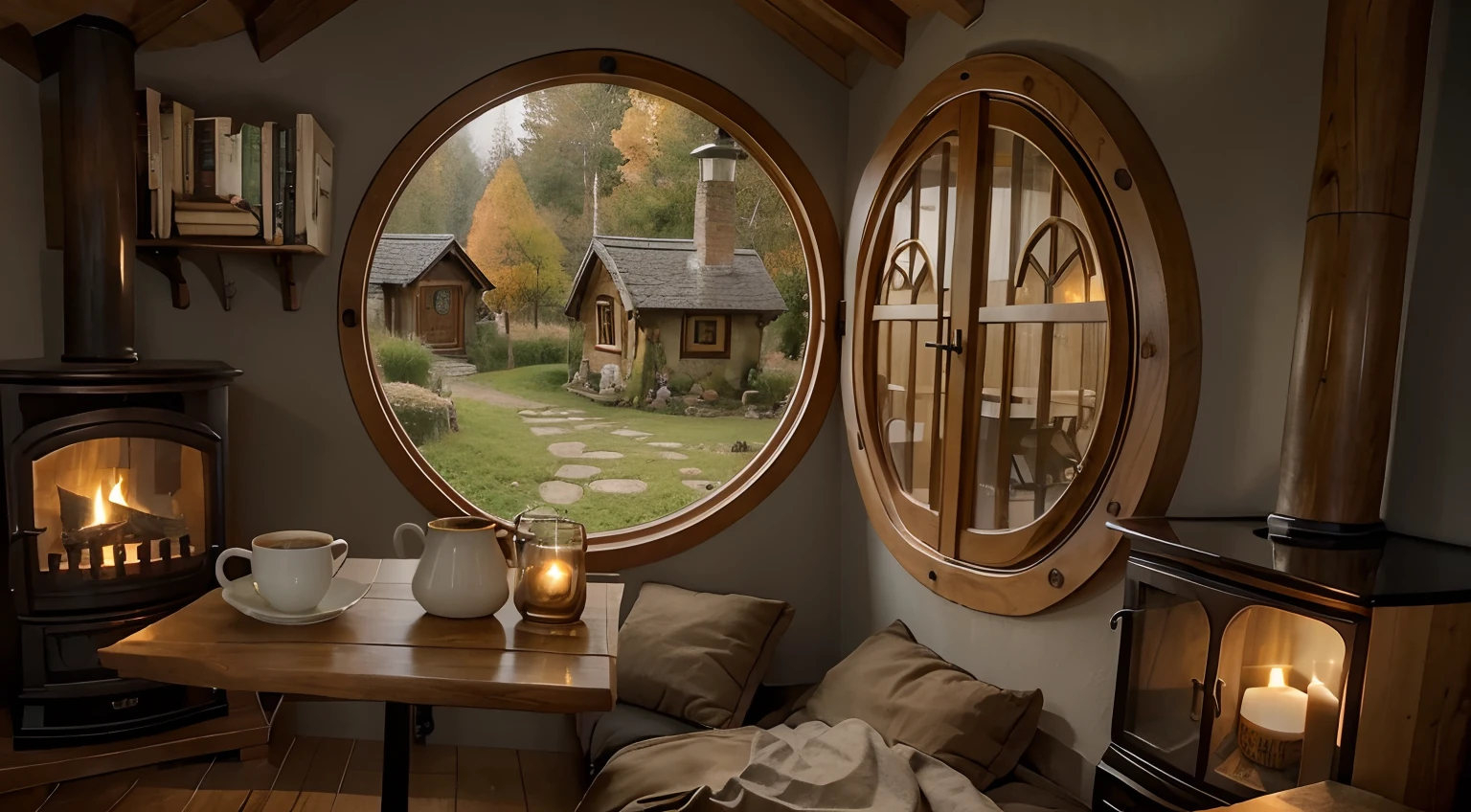 a cozy hobbit house, with two side fireplace , there's a table with coffee and a cup of coffee and a big candle, bookshelf in wall, in a autumn rainy day out