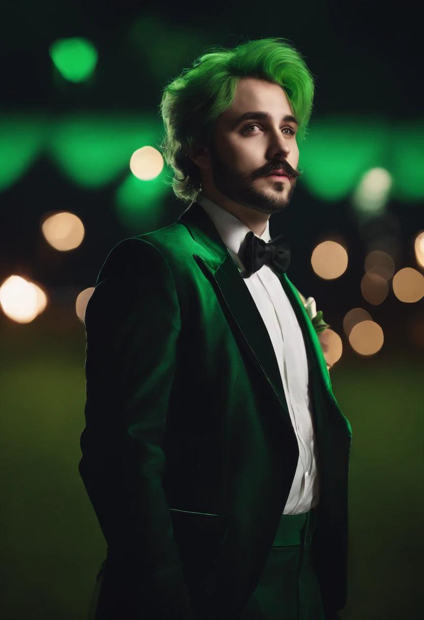 meitu, beetlejuice, anime, manga style, alex brightman starring as beetlejuice,1boy, aurora, beard, black bow, black bowtie, bow, bowtie, facial hair, formal, green eyes, green hair, male focus, mustache, night, night sky, realistic, shooting star, sky, solo, space, sparkle, star (sky), starry sky, suit, tuxedo, wlop, guweiz, meitu