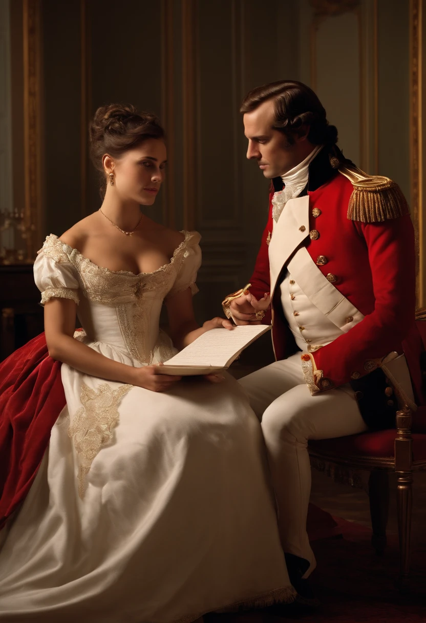 "Produce a highly detailed and ultra-realistic 4K image that depicts the romantic moment when Napoleon Bonaparte proposed to Josephine with a love letter. The scene should be set in an opulent room, illuminated by candlelight, with Napoleon seated at a vintage writing desk. He should be shown penning his heartfelt letter with intense focus. The love letter itself should be visible, showcasing the words, 'I awake consumed with thoughts of you.' Josephine, with an expression of joyful surprise, should be standing beside him, reading the letter. The atmosphere should exude a sense of timeless romance and the elegance of the Napoleonic era."