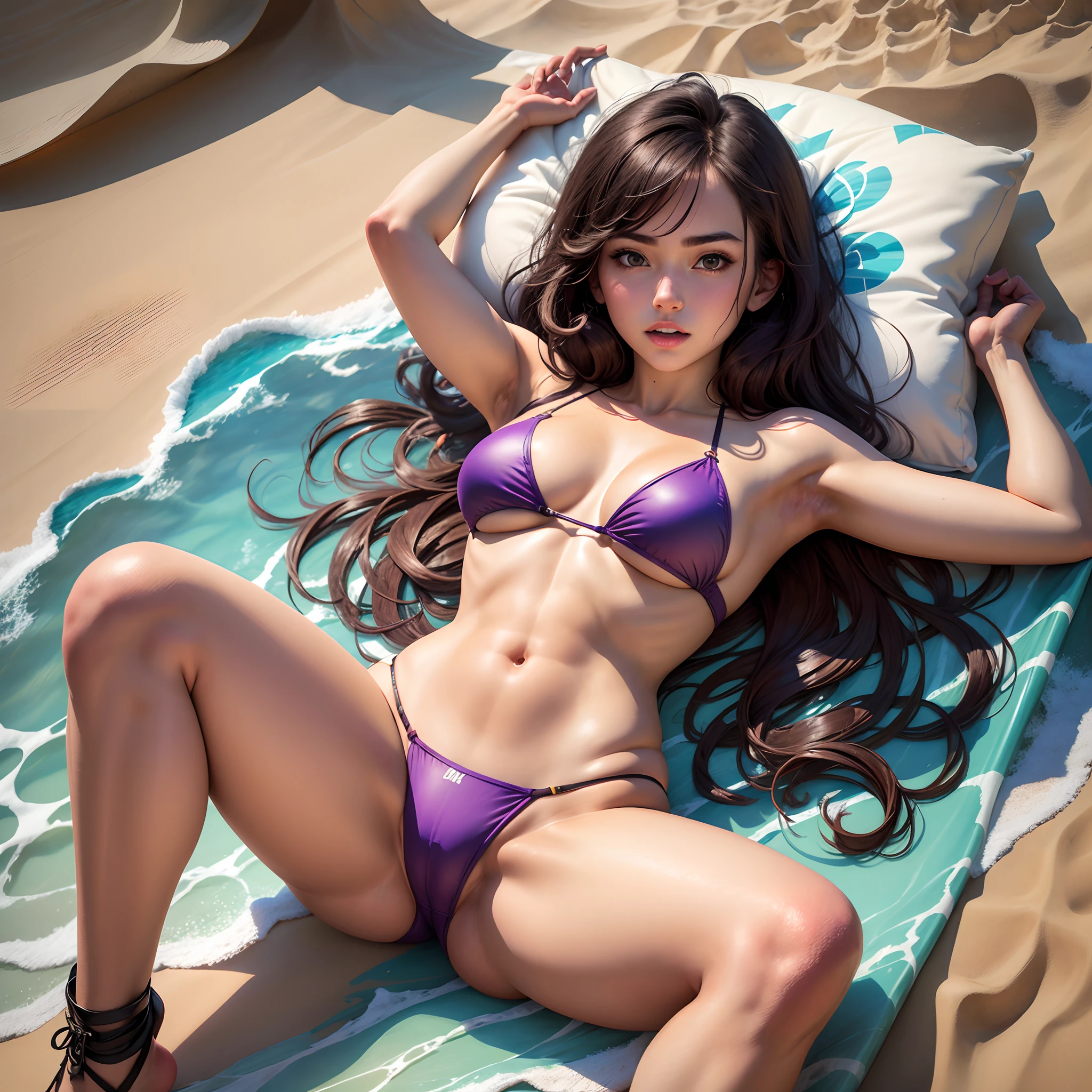 18 year old girl european, beach, perky breasts, purple bikini, tan skin, dark brown hair, slim, hands over crotch --auto --s2