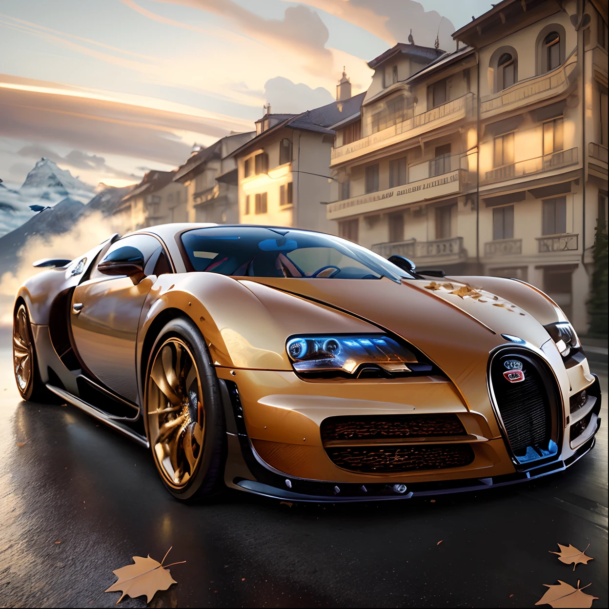 art by greg rutkowski and artgerm, luxurious, wood, falling leaves, intricate, highly detailed evening cityscape of Matterhorn, bugatti veyron, clockwork, slow motion, from behind, concept art illustration, thick volumetric clouds,