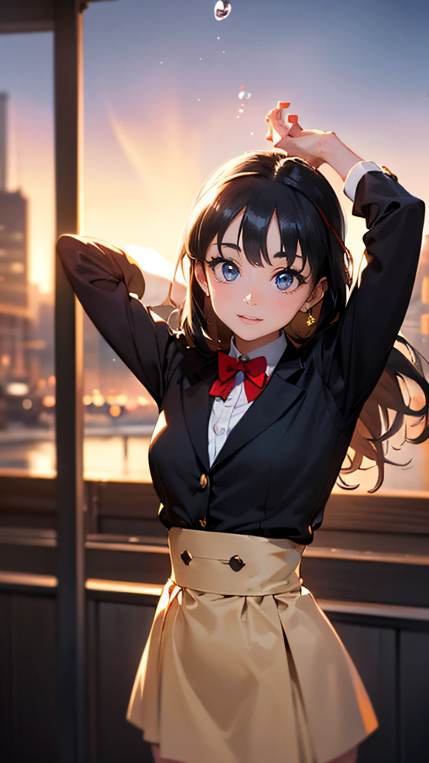 High resolution, ((The long-haired:1.3)),(Black hair),Hair is straight,(Yellow headband:1.3), (Red Blazer:1.3),(Red vest:1.3),(long-sleeve:1.3),Detailed photos of beautiful women_Face, Young and handsome girl,Realistic:0.5, Perfect Skin, (hyper detailed background, Detailed background), (Very beautiful beautiful Japan woman),(Beige skirt:1.3),((small udder)),((skinny thigh)),Soft skin, High school students,Tall,Mature body,Nice big blue eyes, (High detail eyes),depth of fields),Soft light, Lens glows,looking at viewert, (drooping eyes:1.2), Straight teeth,Smile, Floating hair, Cinematic, fulcolor, 4K, 8K, Raw photo, masutepiece, professional colorgraded, Professional Photography, Soft and clear focus, Photorealistic illumination and shadowing, (Very delicate and beautiful art)1.3, Bokeh, Create a calm look, Happy emotions, a gorgeous,pure, beautiful detailed face and eyes, (Audrey Hepburn:1.3),Elegant,Effective angle,Vitality constitutes a breakthrough eyes beautiful eyes, Princess Eyes, (Big eyes:1.3), hair between eye, (slender:1.1), (thin waist: 1.15), (Detailed beautiful girl: 1.4), Parted Lip, Red lips, Full makeup, (Shiny skin), ((Perfect female body)), (Upper body image:1.3), Perfect Anatomy, Perfect proportions, Very cute and beautiful Japan actress face:1.3),,(blush:1.1), Gray background, solofocus, (Bust Up Shot:1.2), Cinematic Light, (Nostalgic night view:1.4), (aquariums:1.4), Vivid glow of neon, Vintage-style carnival rides, (Put your arms back :1.4), (view the viewer:1.2)