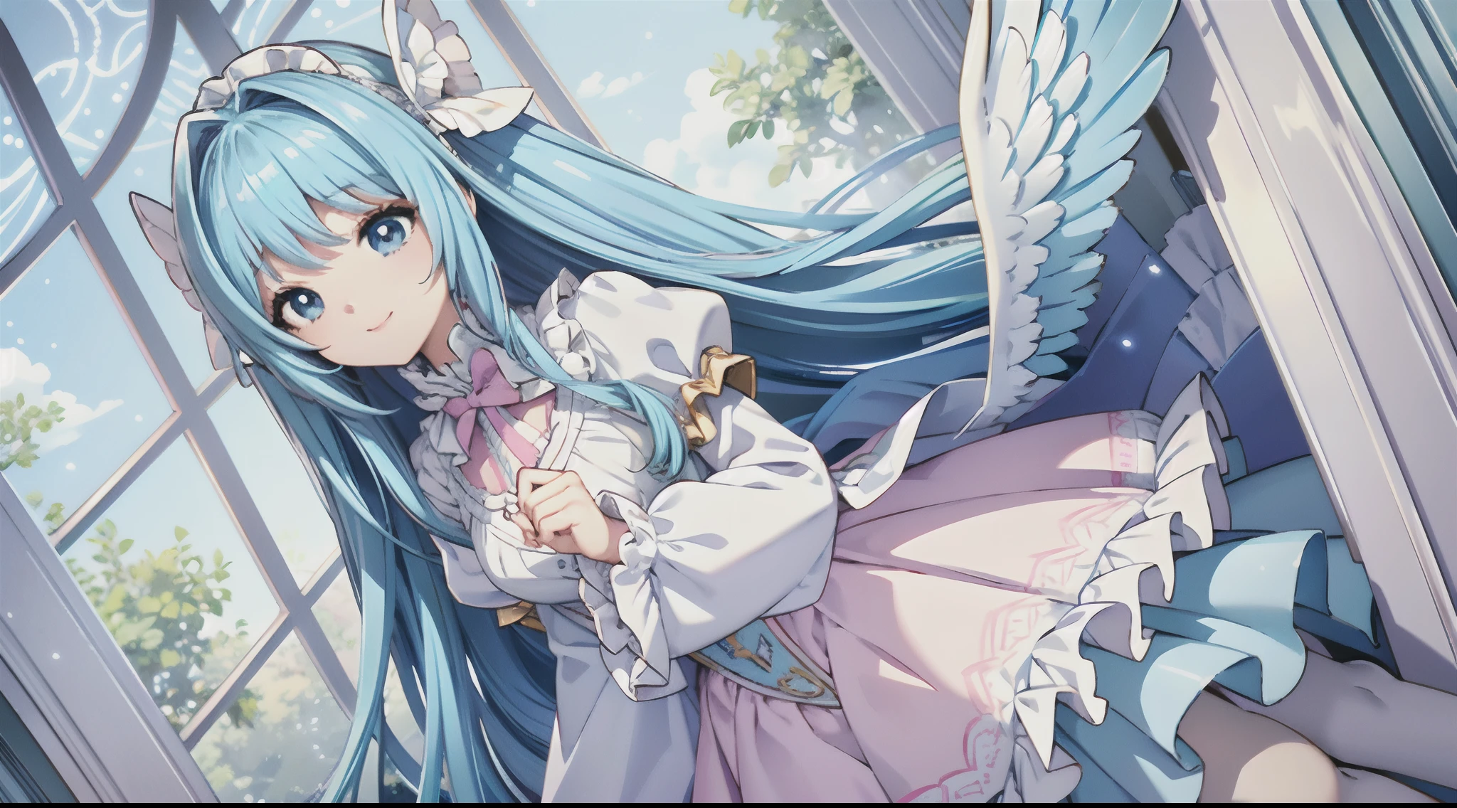 Iridescent Angel Big Big Wings、1 kawaii girl、adorable smiling、Light blue long hair、Twin-tailed、White and yellow and blue and pink in colorful angel costume in Lolita style、Lots of frills、((top-quality))、((​masterpiece))、(ighly detailed、highestdetailed、Official art、Beautifully Aesthetic:1.2)