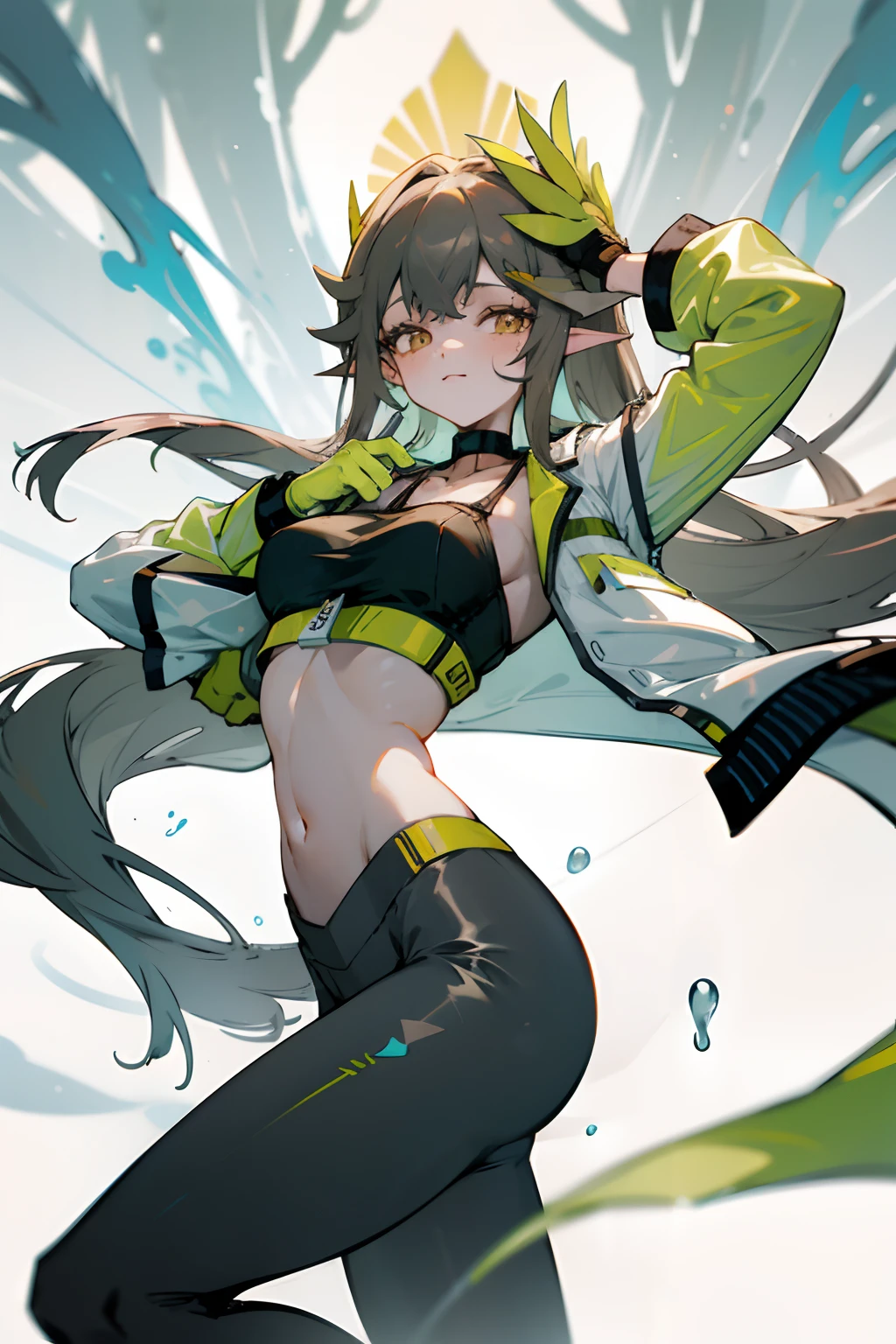 Bright colors,illumination,A girl stands in the lab,looking toward the viewer,White knee-length stockings,sporty attire,Yoga pants for,mature,sexy for,Bandeau,Leaking out of the shoulder,Leaking out of the arm