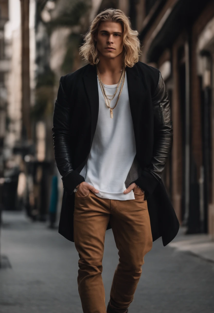 Strong young white man, with medium length hair and brown with blonde highlights of west coast American style. He is wearing some street wear and designer brands and looks like a rapper. He has on dark boots and dark pants