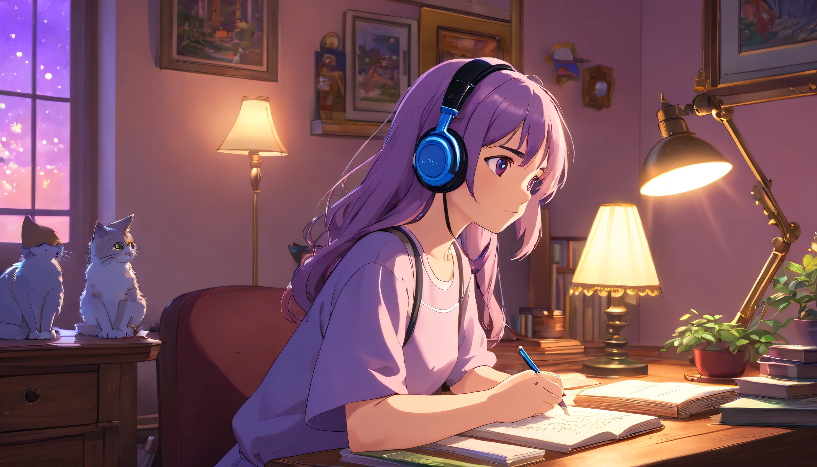 (best quality,4k,8k,highres,masterpiece:1.2),ultra-detailed,(realistic,photorealistic,photo-realistic:1.37),beautiful girl studying in her bedroom,portrait,headphones,lofi, purple lightings, cats beside her