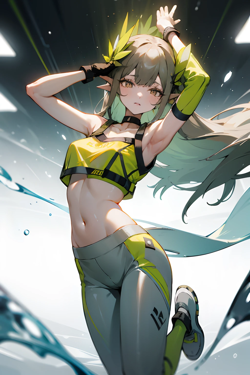 Bright colors,illumination,A girl stands in the lab,looking toward the viewer,White knee-length stockings,sporty attire,Yoga pants for,mature,sexy for,Bandeau,Leaking out of the shoulder,Leaking out of the arm