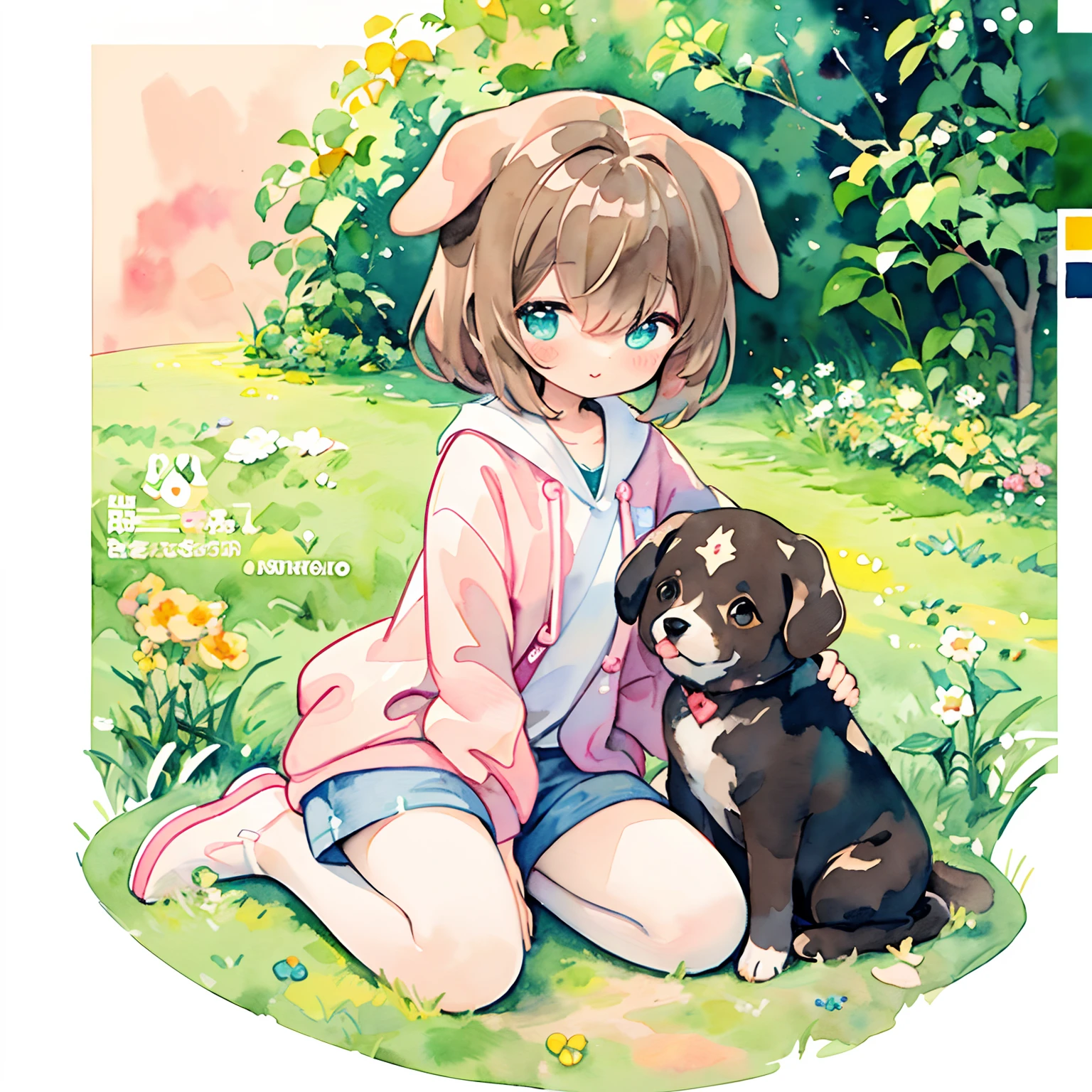 (PastelColors:1.5)、(Cute illustration:1.5)、(watercolor paiting:1.2)、(1 girl:1.0)、hair between eye、Orange background、brown haired、dog ears、grass field、pop music、Wanko