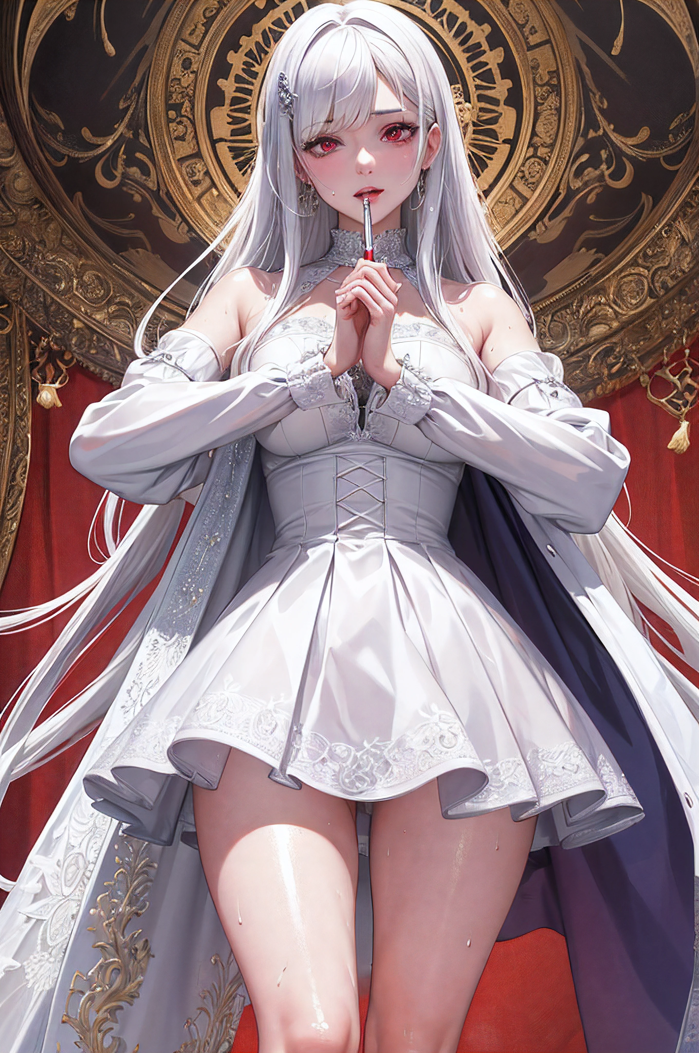 (masterpiece, top quality, best quality, official art, beautiful and aesthetic:1.2), (1girl:1.3), (fractal art:1.3),absurd, masterpiece, best quality, realistic, hyper-detailed, (shiny skin, sweaty:1.4), looking at viewer, slender, 1girl, solo, white sneakers, white miniskirt, straight long hair, princess cut, purple hair, red eyes, (thick thighs:0.5), dynamic lighting, high resolution, sharp focus, depth of field, small breasts,vampire, masterpiece, best quality, ultra-detailed, illustration, ultra-detailed face, best quality face, evil, 30 years old, adult, 1girl, 30 years old, no human, white hair, alchemy outfit, intricate detailed outfit, sexy pose, glowing red dress
