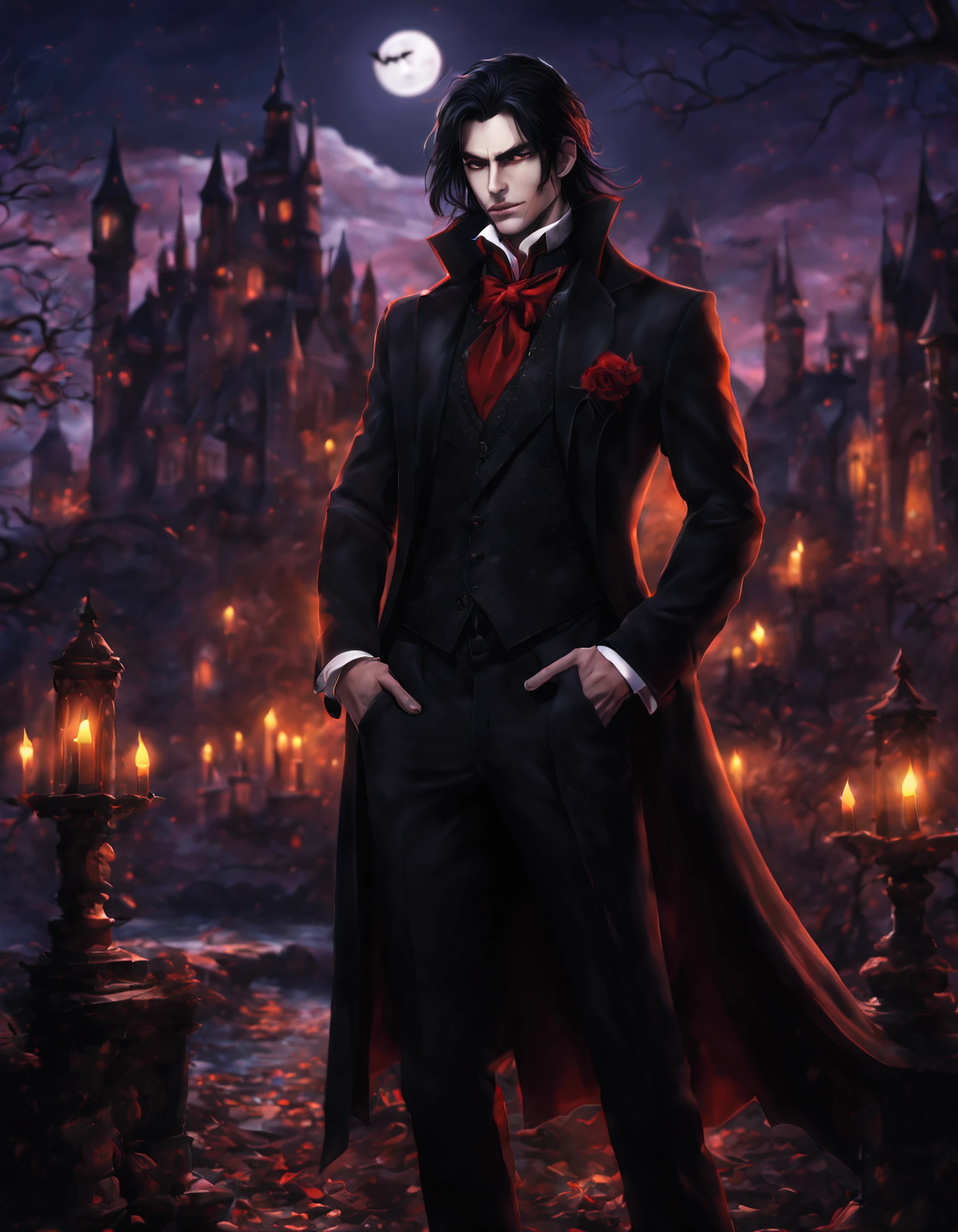 A handsome male vampire with a strikingly attractive appearance, featuring a well-groomed face, long black hair, groomed beard, pale skin, and mysterious red eyes. He is dressed in an elegant black suit and stands in front of an ancient castle bathed in moonlight. This artwork captures the essence of Penguinz0 as a good and handsome male vampire for Halloween, exuding charm, allure, and a touch of gothic elegance. High-resolution image, high-quality, exceptional artistry, Halloween celebration, fantasy portrayal,