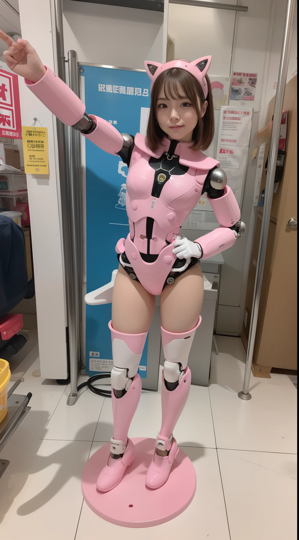 robot-girl, pink there, Silver, metallic, Robot Parts, Metal Parts, Super Detailed Face, Super well-formed face, of the highest quality, a small face, a small head, Full body, Brown hair, Slender body, Camera gaze, Internal Mechanical Exposure, Idol, Well-proportioned body, gravure, Photo session, Akihabara, Moe Pose, front facing, Standing with legs open, Banzai pose with open arms, Model body type, sad, Embarrassing, Perfect Robot Girl, Perfect machine body