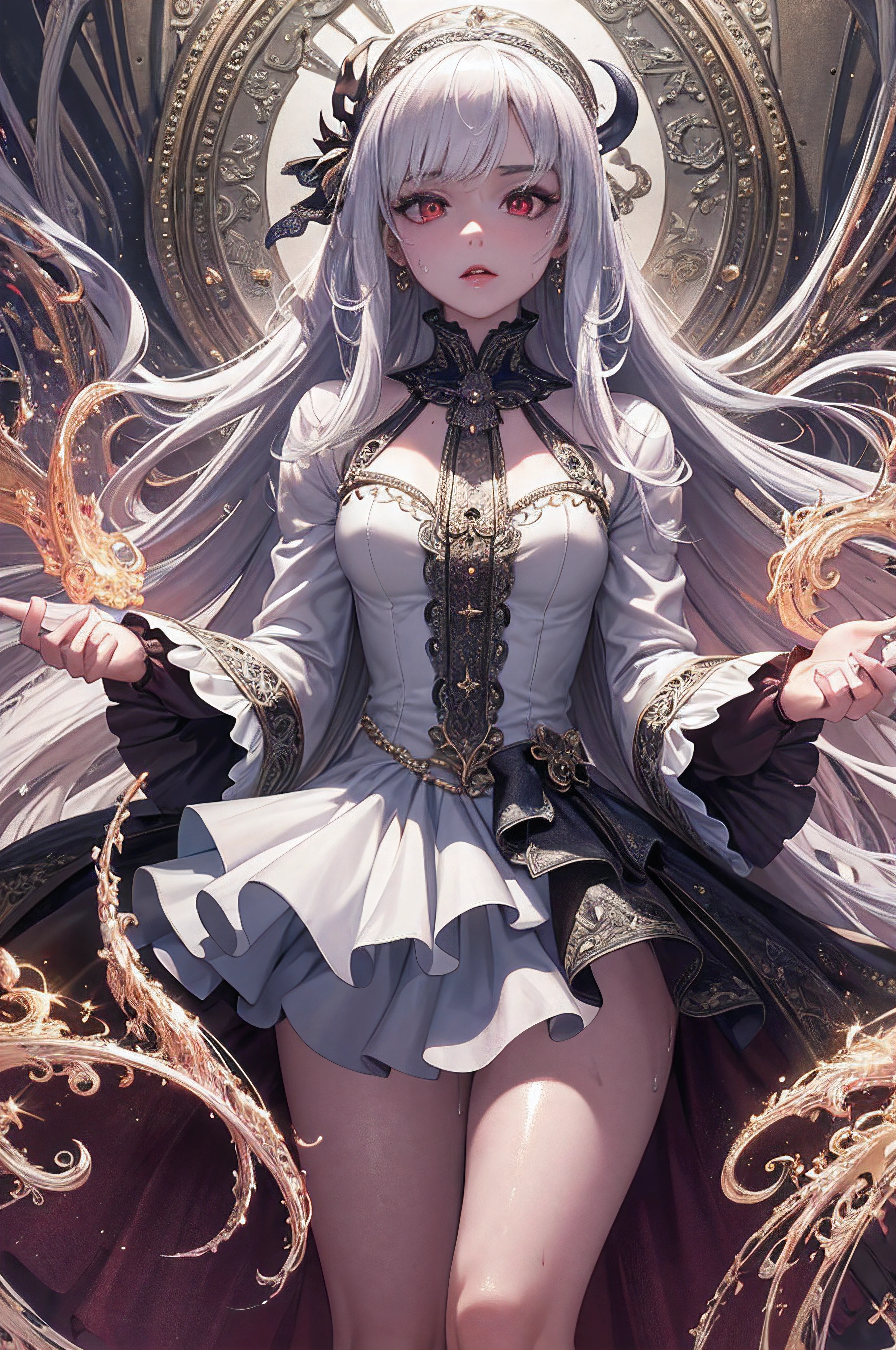 (masterpiece, top quality, best quality, official art, beautiful and aesthetic:1.2), (1girl:1.3), (fractal art:1.3),absurd, masterpiece, best quality, realistic, hyper-detailed, (shiny skin, sweaty:1.4), looking at viewer, slender, 1girl, solo, white sneakers, white miniskirt, straight long hair, princess cut, purple hair, red eyes, (thick thighs:0.5), dynamic lighting, high resolution, sharp focus, depth of field, small breasts,vampire, masterpiece, best quality, ultra-detailed, illustration, ultra-detailed face, best quality face, evil, 30 years old, adult, 1girl, 30 years old, no human, white hair, alchemy outfit, intricate detailed outfit, sexy pose, glowing red dress