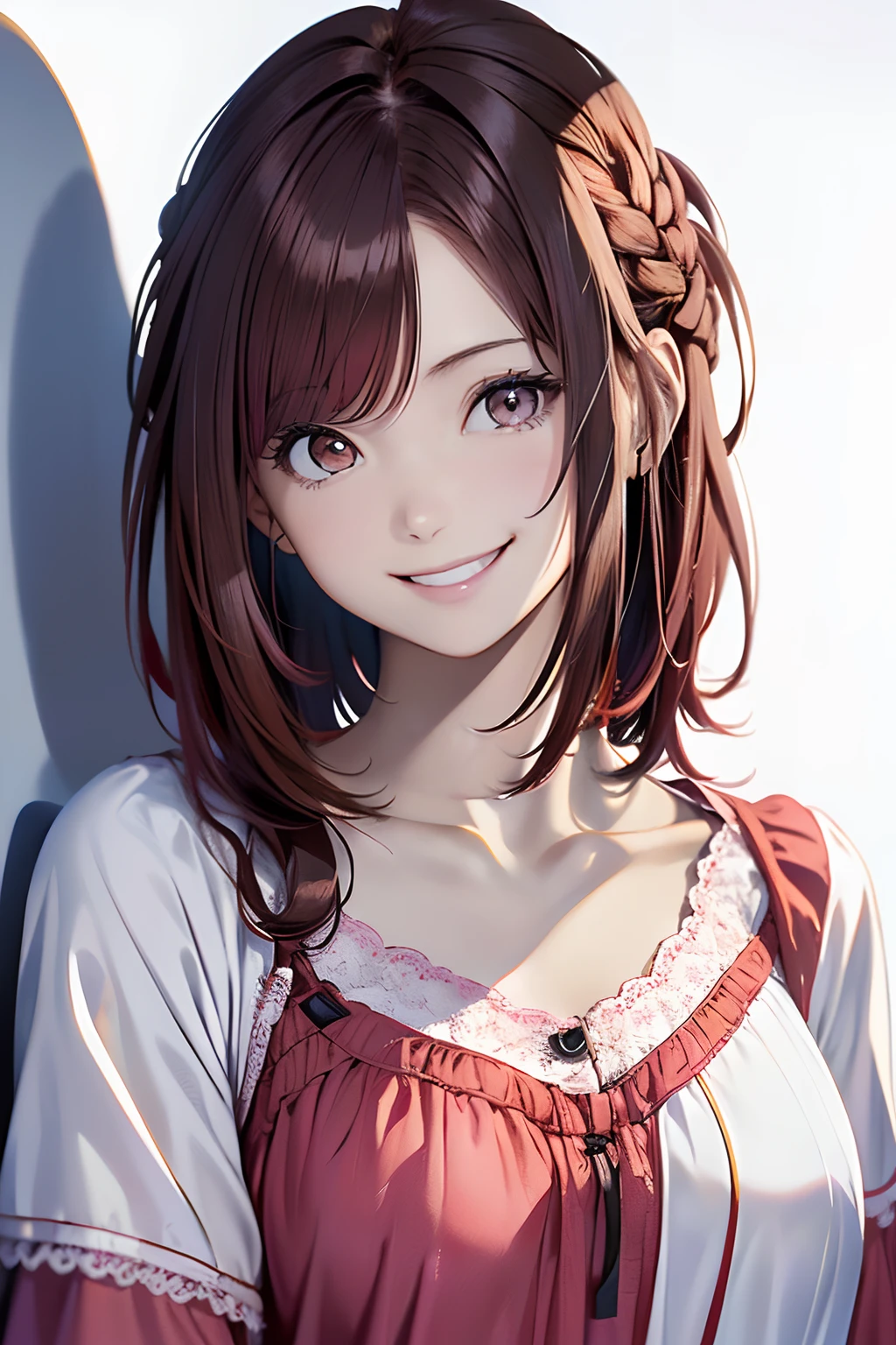 (Best Quality, 8K, Oil Painting, masutepiece:1.2), Ultra-detailed, (Realistic, Photorealistic:1.37), (((FULL BODYSHOT)))、Vibrant colors, (((mocking look)))、(((Black and pink nightgown)))、(((Girly Nightgown)))、(((２０Women of a certain age)))、(((Slightly visible chest)))、Studio Lighting, (((red hairs)))、(((Shoulder-length bob hair)))、((( White background))), (((Mischievous smile)))、(((Girly Hairstyles)))、(((bobhair)))、(((In front of a white wall)))、(((Nothing on the top of the head)))、(((Grinning)))