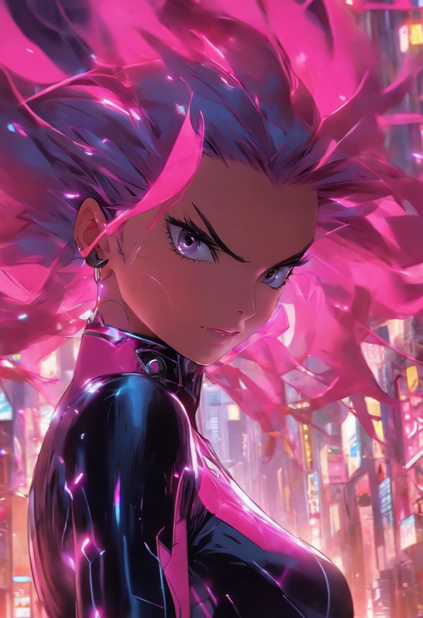 Close-up of a woman in a black and pink suit, concept art inspired by INO, cgsociety contest winner, neo-figurative, in spandex suit, Streamlined pink armor, slick pink armor, bubblegum body, Full body suit, tight full body suit, laserpunk fullbodysuit, cybersuit, matte pink armor, full body X-force costume