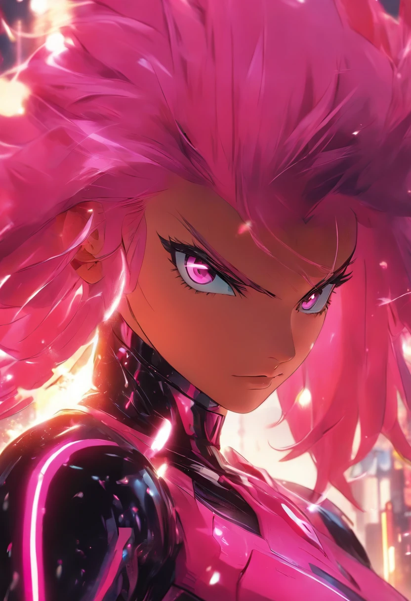 Close-up of a woman in a black and pink suit, concept art inspired by INO, cgsociety contest winner, neo-figurative, in spandex suit, Streamlined pink armor, slick pink armor, bubblegum body, Full body suit, tight full body suit, laserpunk fullbodysuit, cybersuit, matte pink armor, full body X-force costume