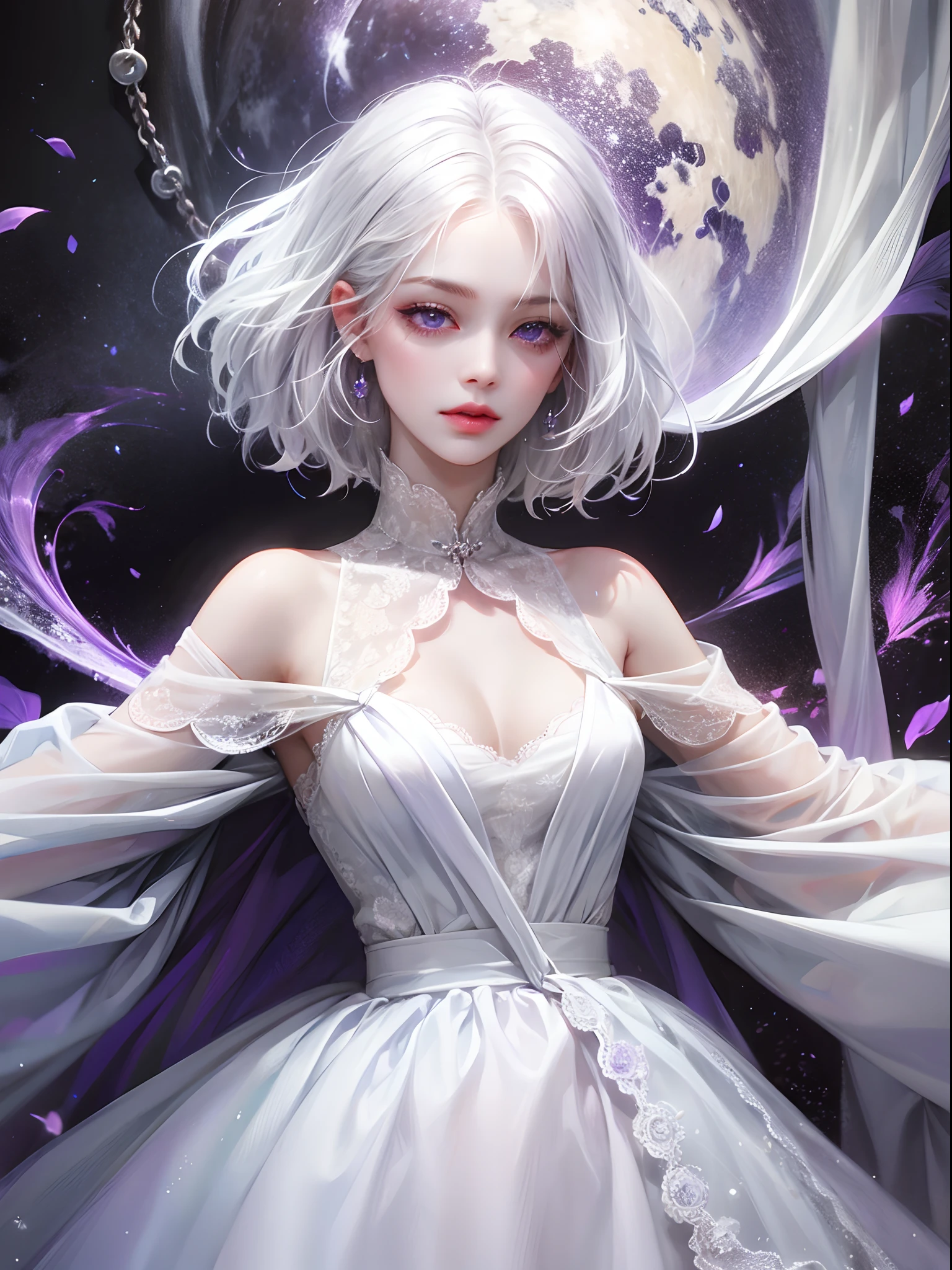 a women, white hair, purple eyes, white dress