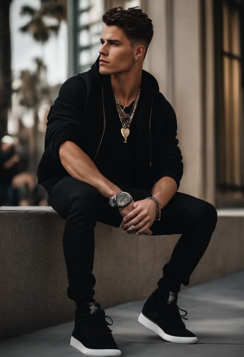 Strong young white man, with dark brown hair of west coast American style. He is wearing some street wear and designer brands and looks like a rapper. He has on all black and looks fairly intimidating