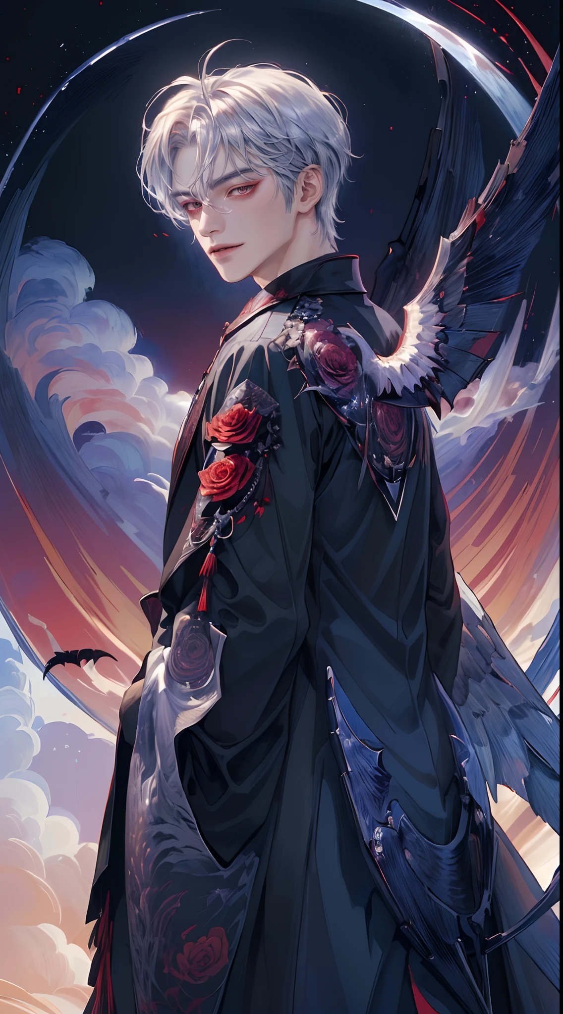 ((4K works))、​masterpiece、（top-quality)、((high-level image quality))、((One Beautiful Fallen Angel Man))、Slim body、((Vampire Black Y-Shirt Fashion))、(Detailed beautiful eyes)、((Red roses and crows on fantastic black background))、Inside the Evil Castle、((Face similar to Chaewon in Ruseraphim))、((Fallen Angel Hair))、(((bright silver hair)))、((Smaller face))、((Neutral face))、((Red Eyes))、((Korean Male))、((18year old))、((wild boy))、((Bad look))、((Show your teeth and smile))、((Korean makeup with black eyeshadow))、((elongated and sharp eyes))、((Shot alone))、((Fallen angels))、Photos of fallen angels、Villain、Dark Proof、((Shot diagonally from the side))、Fallen Angel Pose