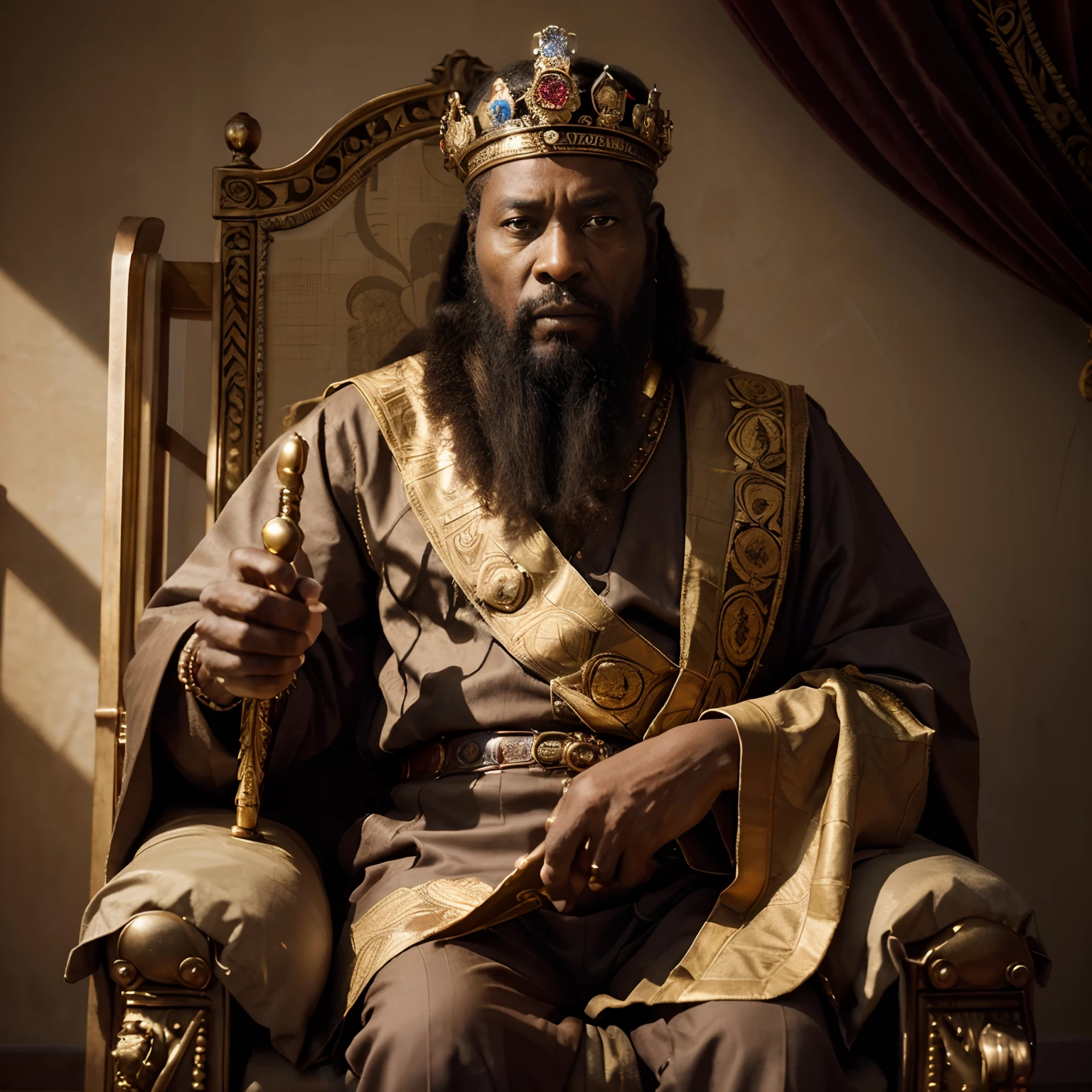 "The Wise Monarch in 8K" - Craft an exquisite 8K photograph that brings the wisdom and grandeur of an elderly African king to life. Showcase the king in opulent attire, his long beard reflecting a lifetime of leadership. In his hand, he holds a scepter of authority, symbolizing his rule. Illuminate the scene with dramatic lighting that accentuates his regal presence. The image should capture the essence of a wise and respected monarch, Photography, utilizing advanced techniques and equipment to create a highly detailed 8K photograph of the elderly African king, --ar 16:9 --v 5