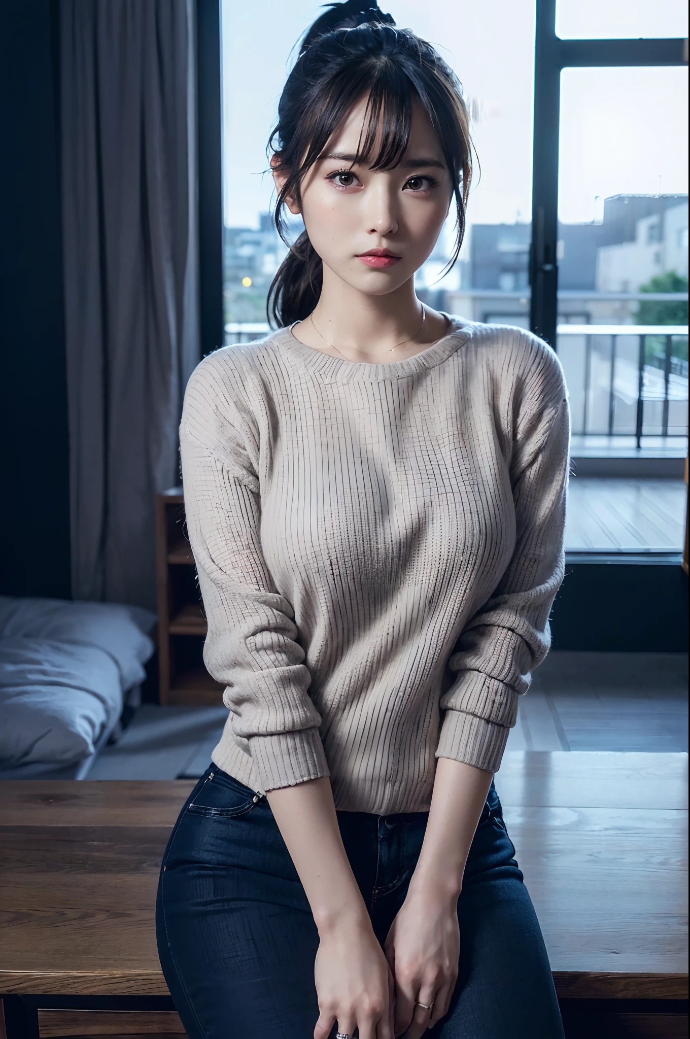 ((masutepiece)), ((Best Quality)), (Ultra-detailed), ((Extremely detailed)), 4K, (8K), Best Quality, (Beautiful), sweater,hand between legs,large breasts,cute face,big eyes,cool face,ponytail,looking at viewer,indoor,night,dark room,masterpiece, extremely fine and beautiful,photorealistic,Japanese