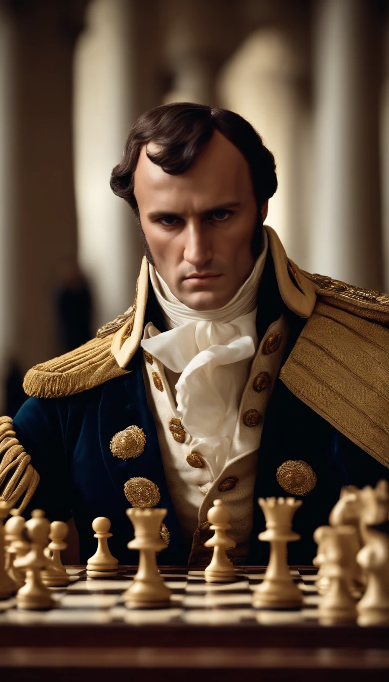 "Produce an incredibly detailed and ultra-realistic 4K image that captures Napoleon Bonaparte as a chess mastermind. Show Napoleon sitting at an ornate chessboard, a chess set before him. His intense gaze should be fixed on the board as he contemplates his next move. The pieces should be intricately carved and positioned in a way that suggests a high-stakes, decisive moment in a game. The lighting should enhance the drama and strategic ambiance of the scene, emphasizing his genius as a tactician in both warfare and chess."
