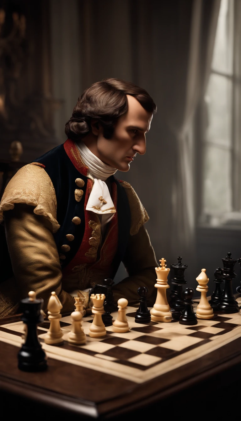 "Produce an incredibly detailed and ultra-realistic 4K image that captures Napoleon Bonaparte as a chess mastermind. Show Napoleon sitting at an ornate chessboard, a chess set before him. His intense gaze should be fixed on the board as he contemplates his next move. The pieces should be intricately carved and positioned in a way that suggests a high-stakes, decisive moment in a game. The lighting should enhance the drama and strategic ambiance of the scene, emphasizing his genius as a tactician in both warfare and chess."