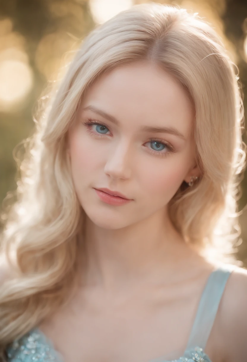 1girl in, |a blond、Very beautiful long shiny hair、Very beautiful cute face、Lustrous and radiant beautiful skin、独奏、ultra-quality、Hard Focus、film grains、超A high resolution、masterpiece、Lovely detailed crystal clear light blue eyes that shine、hime