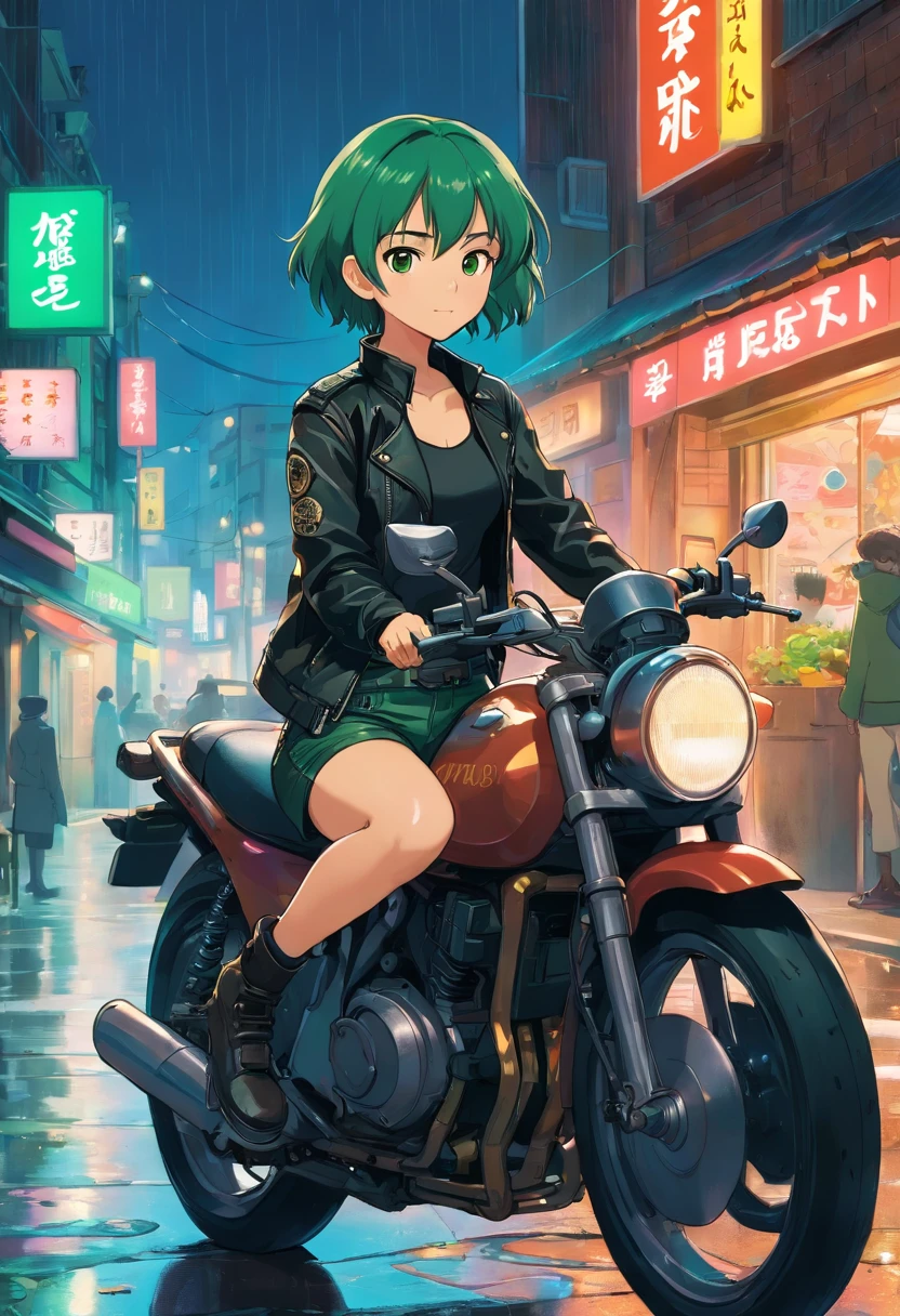 1girl, brown skin, short green hair, brown eyes, wearing black tank top, wearing black_green leather jacket, black leather pants, sitting on motorcycle, at night, black leather boots, city street, ground wet from rain, fall, night time, neon sign in background, beautiful, absurdres, high res, ultrasharp, 8k, masterpiece, looking at viewer.
