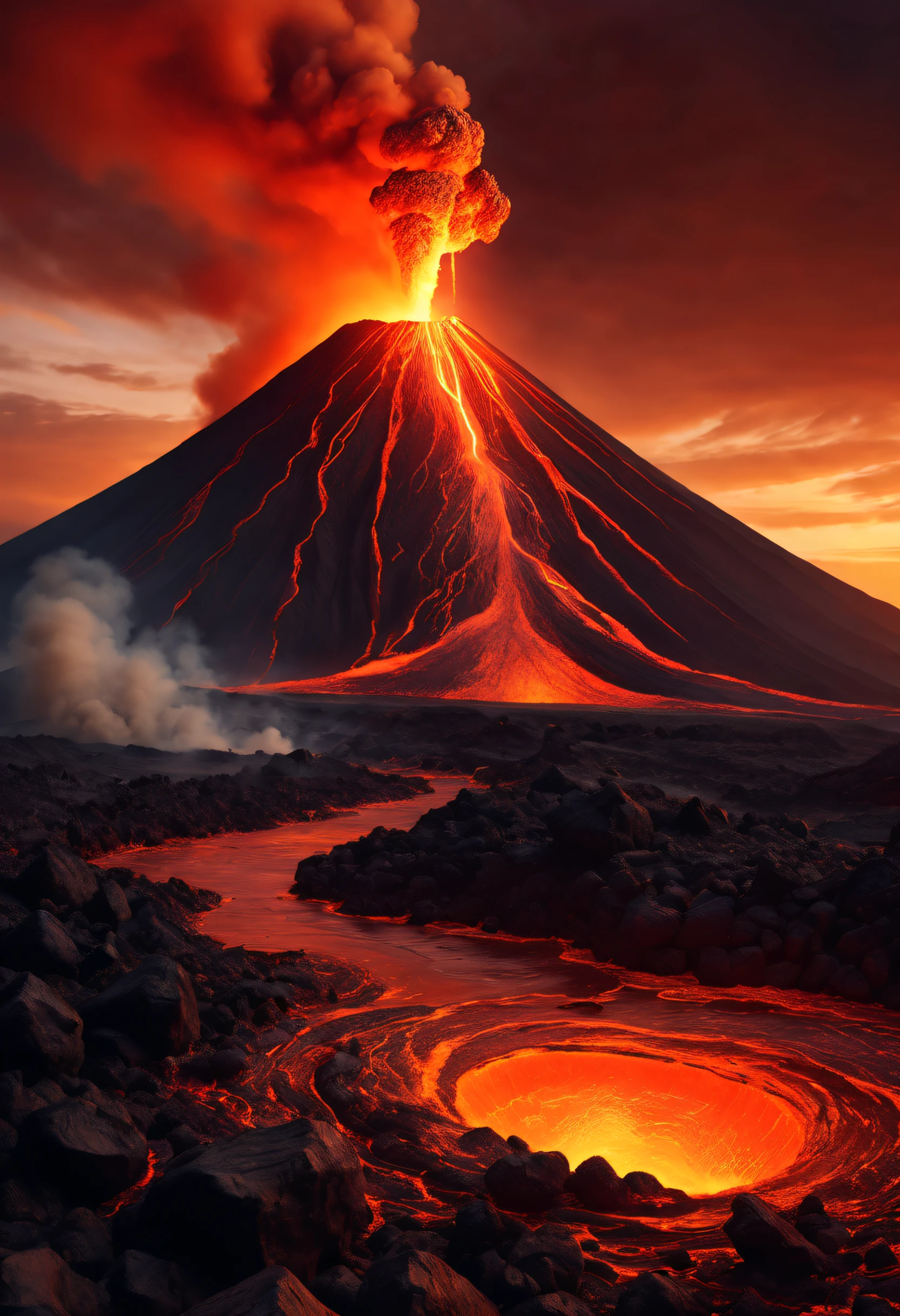 The main subject of the image is a volcanic eruption with flames splashing and explosions. The scene depicts a massive eruption with flowing lava, accompanied by dense smoke. The texture of the image can be described as a high-resolution masterpiece, with a focus on the realistic portrayal of the erupting volcano. The image quality is of the highest standard, with a resolution of 4K or 8K, providing ultra-detailed visuals. The artwork is created using computer-generated graphics (CG) to achieve an incredibly detailed and lifelike representation of the volcanic eruption.
The art style should emphasize the epic and dramatic nature of the scene, showcasing the power and intensity of the volcano. The color palette should reflect the fiery tones of the eruption, with vibrant shades of red, orange, and yellow dominating the image. The lighting should be dynamic, emphasizing the glow of the lava and enhancing the sense of depth and dimensionality. The composition of the image should be carefully crafted to highlight the gigantic scale of the eruption and create a visually captivating experience.
Optional details to enhance the image could include the surrounding landscape, such as mountains, a lake, and a waterfall, in order to provide context for the volcanic activity. The image can also feature rocks and steam rising from the hot springs, adding to the overall atmosphere of the scene.
Overall, the prompt should convey a sense of awe and fascination, capturing the destructive beauty of a volcanic eruption in a highly detailed and visually stunning manner.