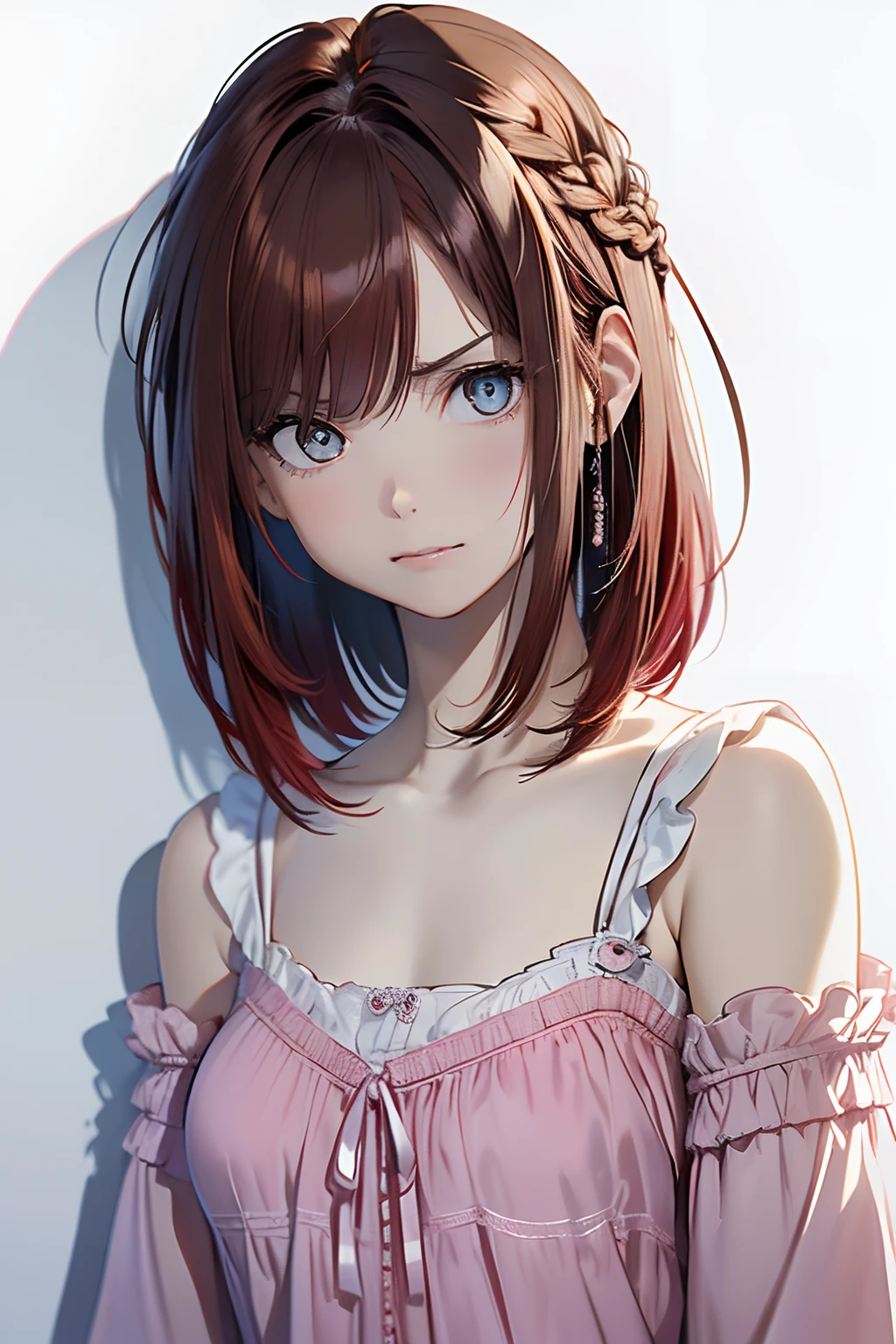 (Best Quality, 8K, Oil Painting, masutepiece:1.2), Ultra-detailed, (Realistic, Photorealistic:1.37), (((FULL BODYSHOT)))、Vibrant colors, (((angry expressions)))、(((Black and pink nightgown)))、(((Girly Nightgown)))、(((20Women of a certain age)))、(((Slightly visible chest)))、Studio Lighting, (((red hairs)))、(((Shoulder-length bob hair)))、((( White background))), (((wide eyed)))、(((Girly Hairstyles)))、(((bobhair)))、(((In front of a white wall)))、(((A look of surprise)))、(((Nothing on the top of the head)))、(((Round your mouth)))