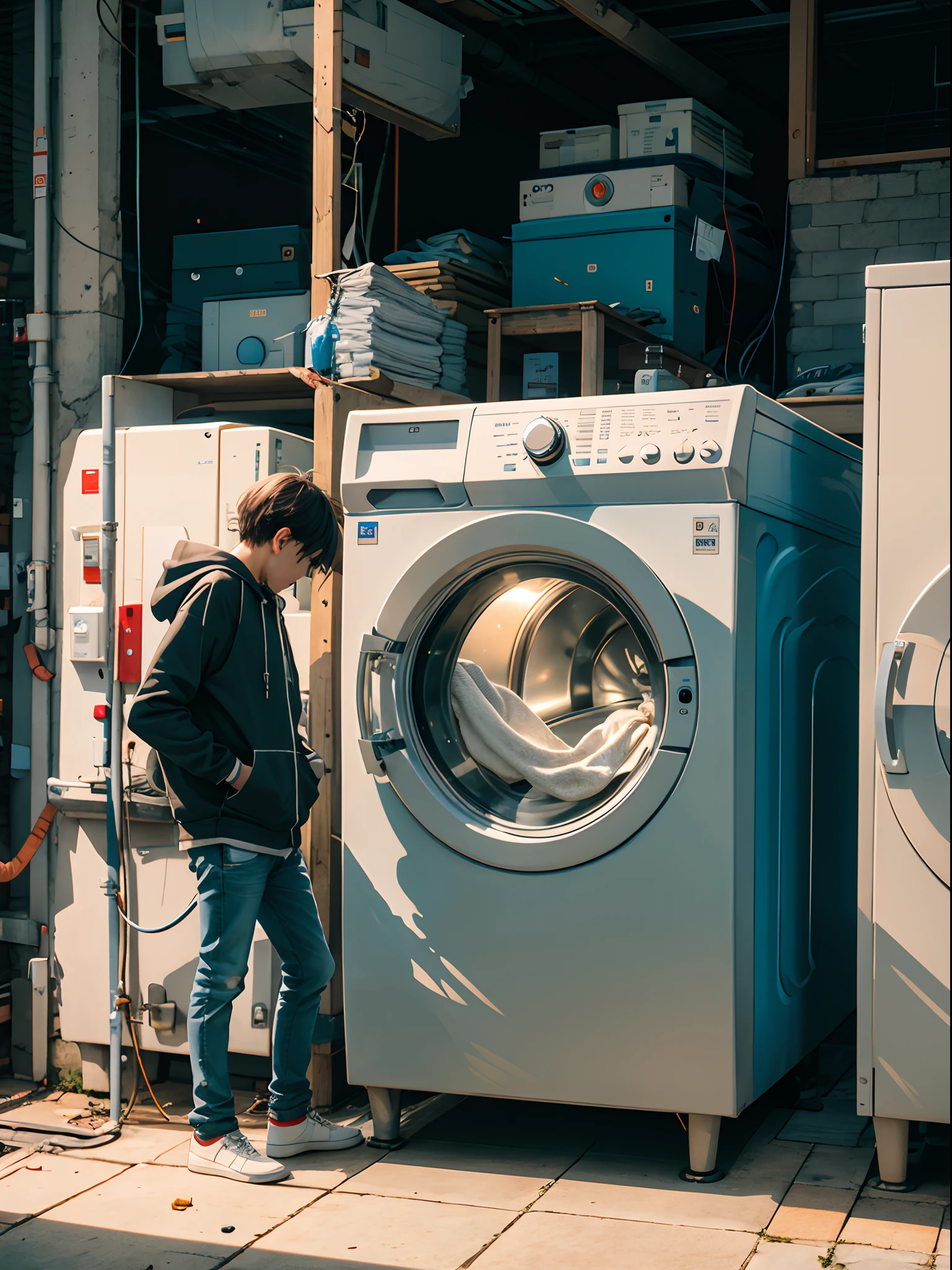 washing machine、Wearing a hoodie、camera