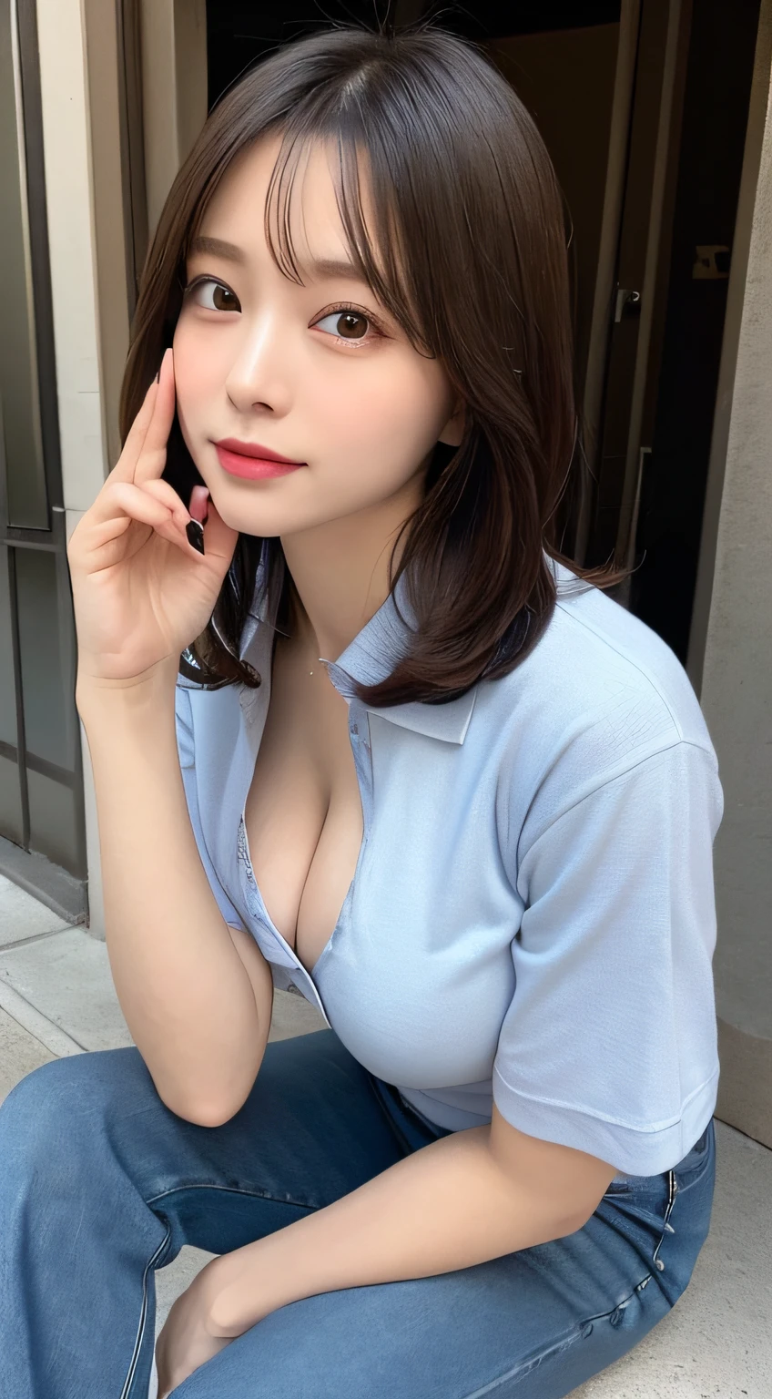 finely detail, hight resolution, hightquality、Perfect dynamic composition, Beautiful detailed eyes, Medium Hair, small tits、Natural Color Lip,Kamimei、Shibuya、20 years girl、1 persons、Transparent skin、Glowing hair、masutepiece, Best Quality, Ultra-detailed, finely detail, hight resolution, 8K、The correct state of the human body、crouching down、Gravure Model Pose,Beautiful sunset,In front of the café,beautiful ilumination,Photographed with hair fluttering in the wind,Colossal tits:1.3,((I can see the cleavage:1.5,Wearing a black polo shirt:1.5,denim pant:1.5,The gesture of taking off clothes))