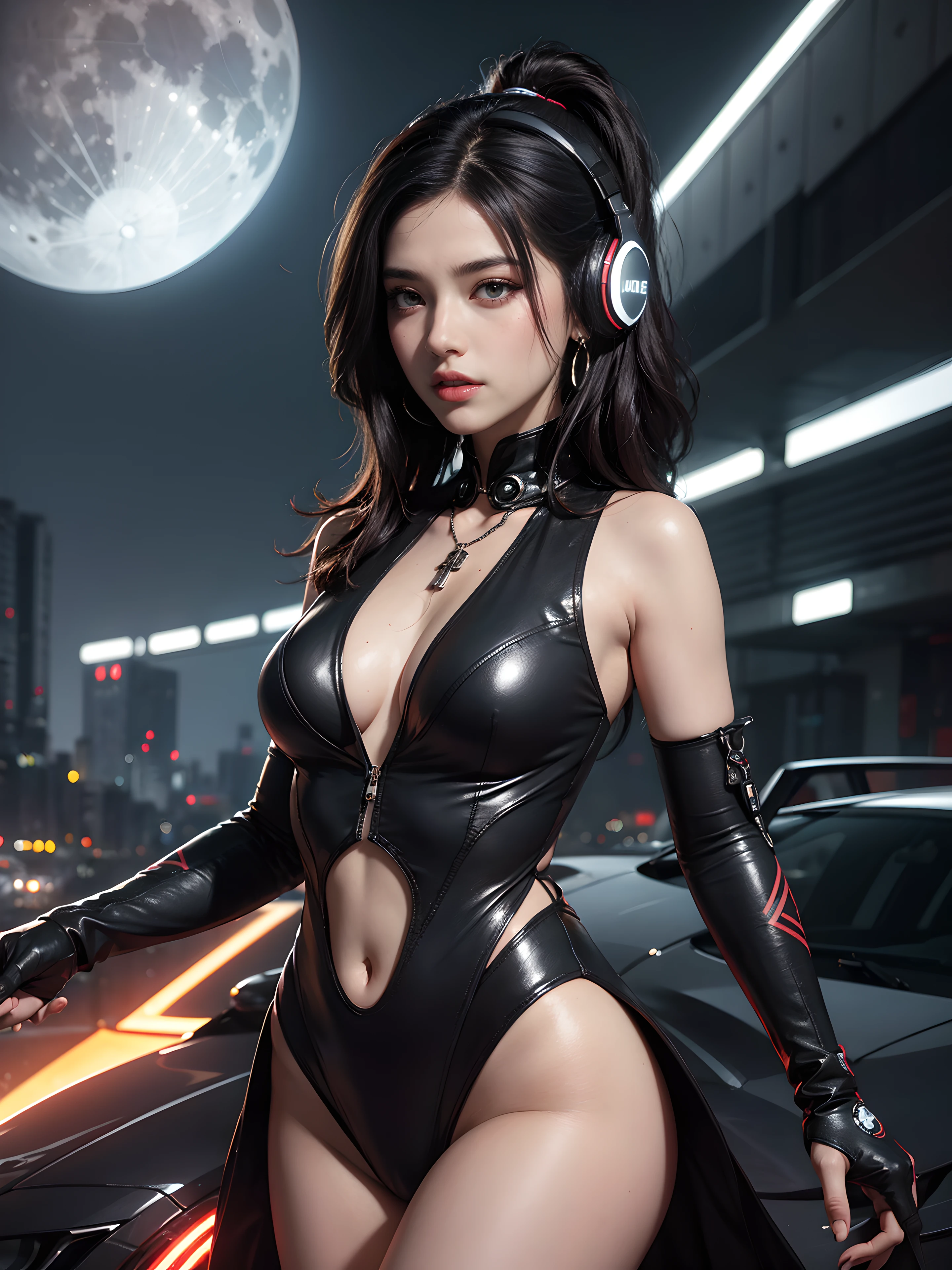 1 girl, Chinese_The clothes, liquid black titanium and red, Cyberhan, cheongsam, Cyberpunk city, dynamicpose, Detailed glowing headphones, Luminous hair accessories, hairlong, Glowing earrings, Luminous necklace, ciberpunk, City of High Technologies, full of mechanical and futuristic elements, Futuristic, technology, glowing neon, Red, red light, Transparent black tulle, black ribbon, laser, Digital Background City Sky, a big moon, with vehicles, Best Quality, Masterpiece, 8K, Symbolic light around the edges, ultra-high detail, hiquality, The most beautiful woman in the world, Micro Smile, facial symmetry, front-facing, Left and right, Ear decoration, Beautiful pupils, light effects, Visual data, dark black hair, Super detailed face texture, Bright leather red gloves, Height photography, Surreal light and shadow, Complex brush strokes, Complex lines, Background Night (intricate details:0.9), (HDR, hyper-detailing:1.2), (natural skin textures, hyper realisitc, soft light, Sharp), Photos in RAW and 35mm format, (Intricate Detail 1.5), thigh gap, suntanned skin.