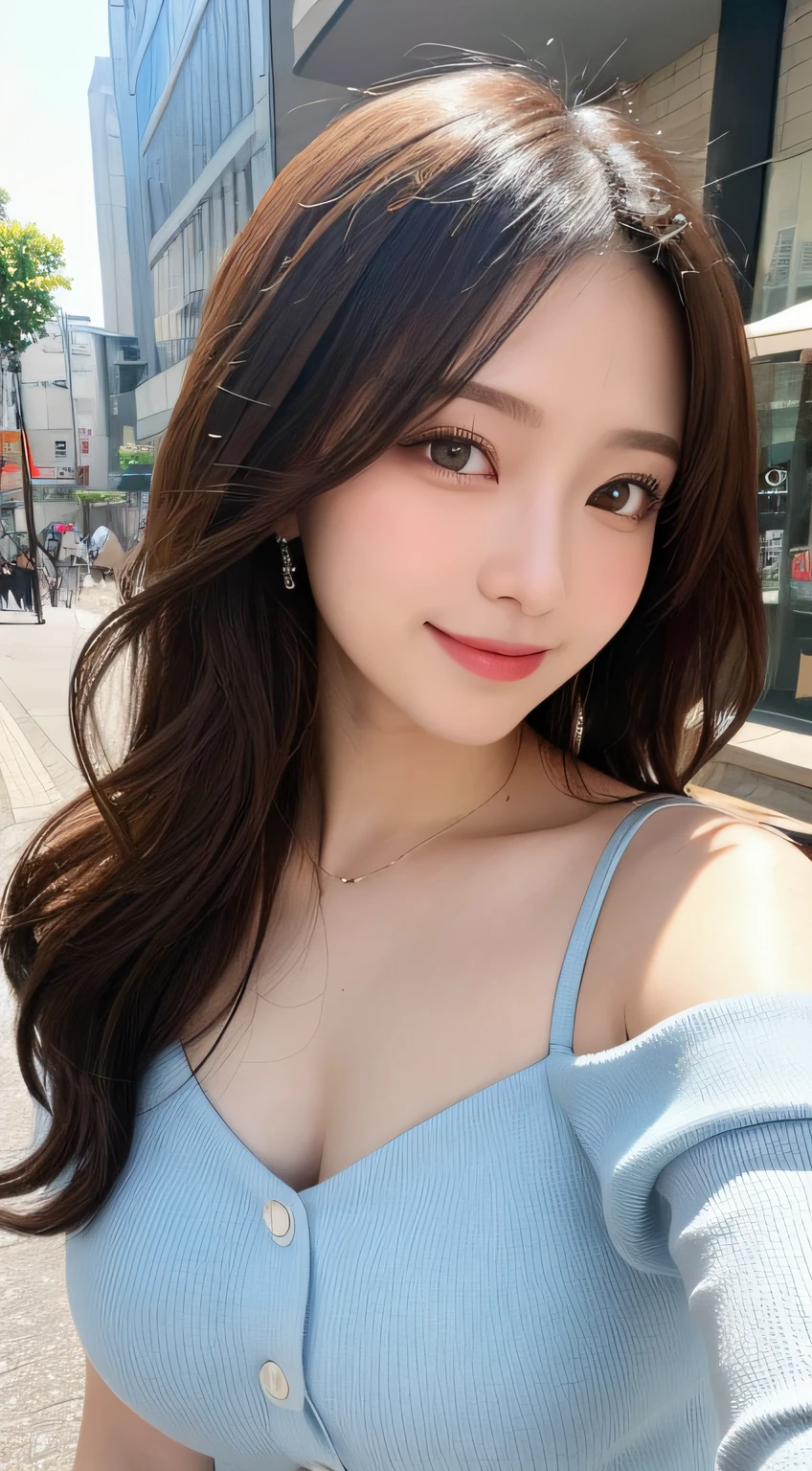 masutepiece, Best Quality, Illustration, Ultra-detailed, finely detail, hight resolution, 8K Wallpaper, Perfect dynamic composition, Beautiful detailed eyes, summer  dress,Medium Hair, Big breasts, Natural Color Lip, Random and sexy poses,Smile,Aoyama Street Walk、20 years girl、Cute