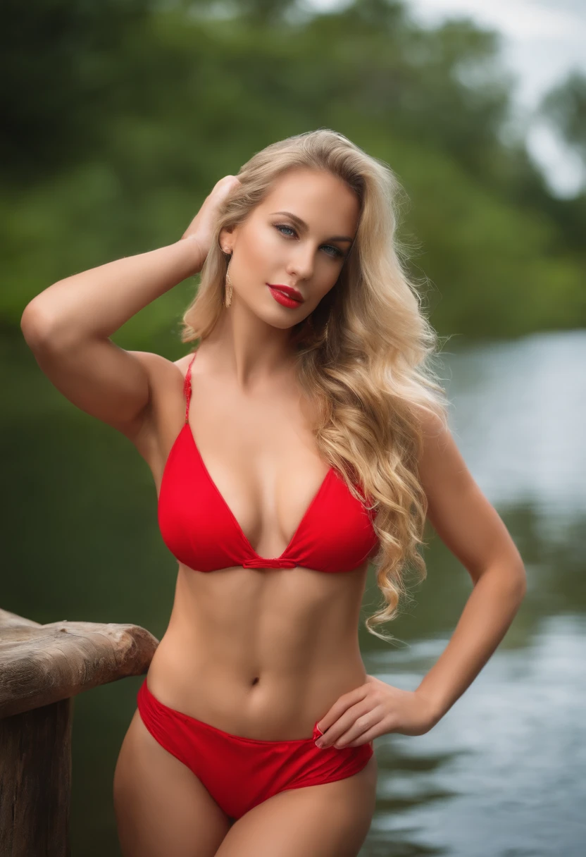 arafed woman in a red bikini posing by a river, red bra, a gorgeous blonde, curvy model, sexy girl, sexy girl with long blonde hair, red bikini, gorgeous bikini model, alexa grace, beautiful blonde woman, red lace, blonde beautiful young woman, beautiful blonde girl, beautiful sexy woman photo, gorgeous figure, elegant bikini, model with attractive body