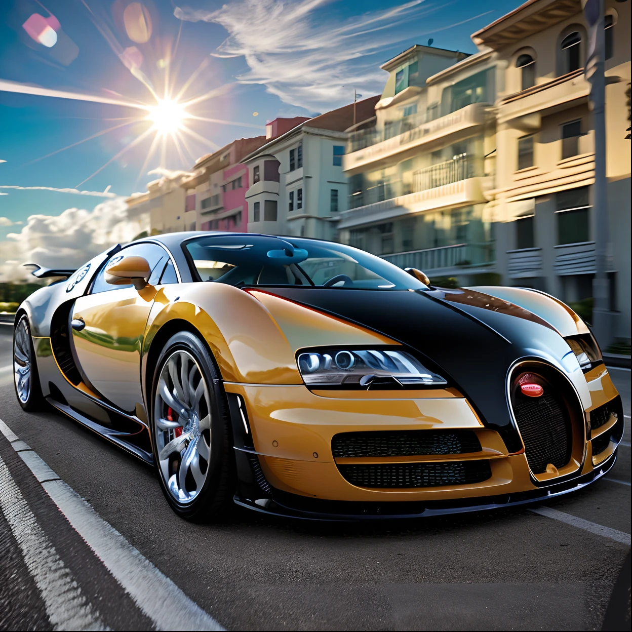 Bugatti Veyron driving in miami street, [carhelper:photohelper], Retrofutur, motion blur, CinemaHelper, Chrome reflections, sun flare, Extremely detailed, Intricate details