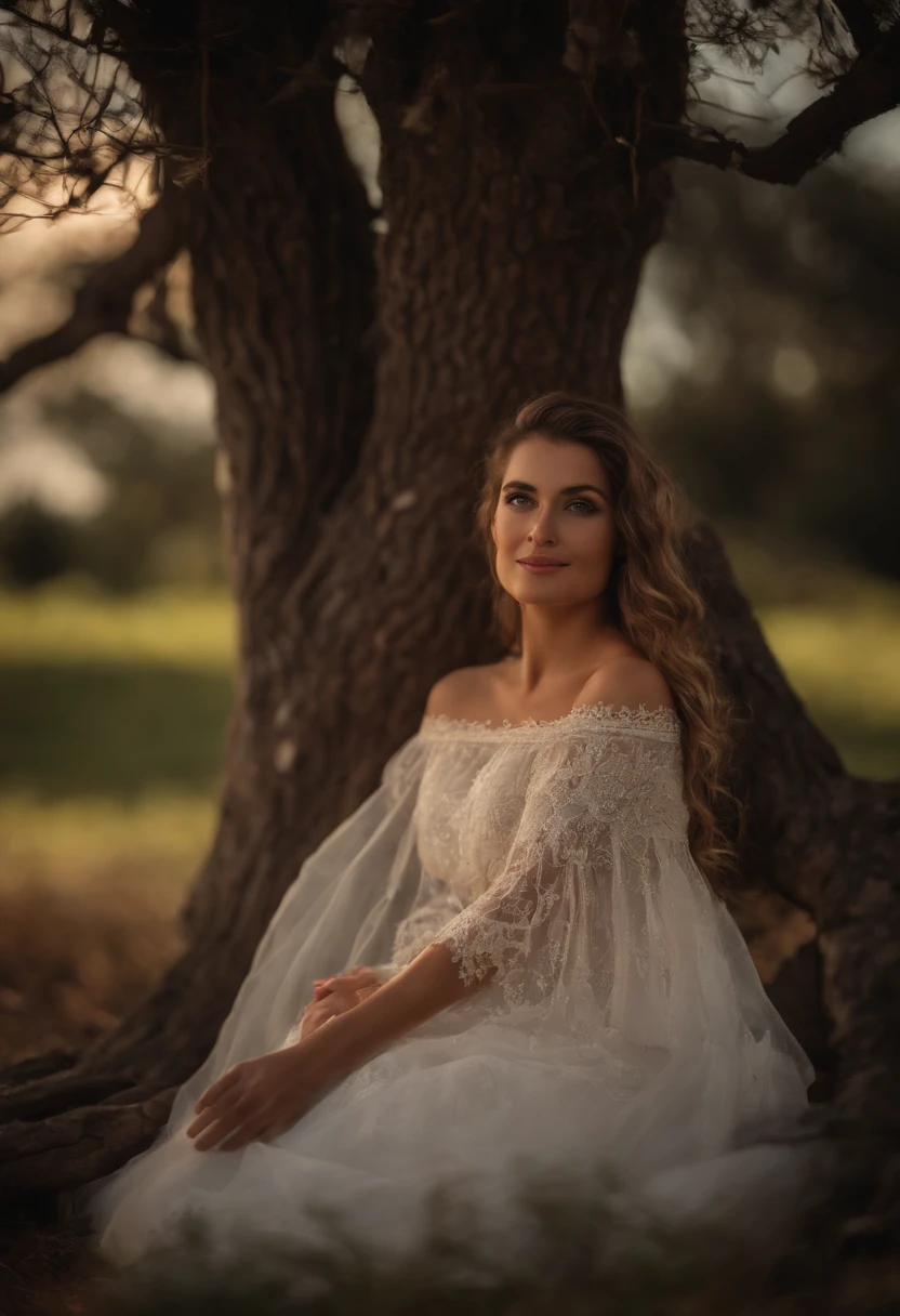 (Granulada:0.5), Kinematic, girlish,indio,fantasy,(solamente:1.3), ojos detallados, Cara detallada, Ropa nativa americana detallada , volumetric illumination, twilights, Antecedentes extremadamente detallados, standing by the tree, sonriente, Ojos medio cerrados, Cabeza inclinada, desde un lado