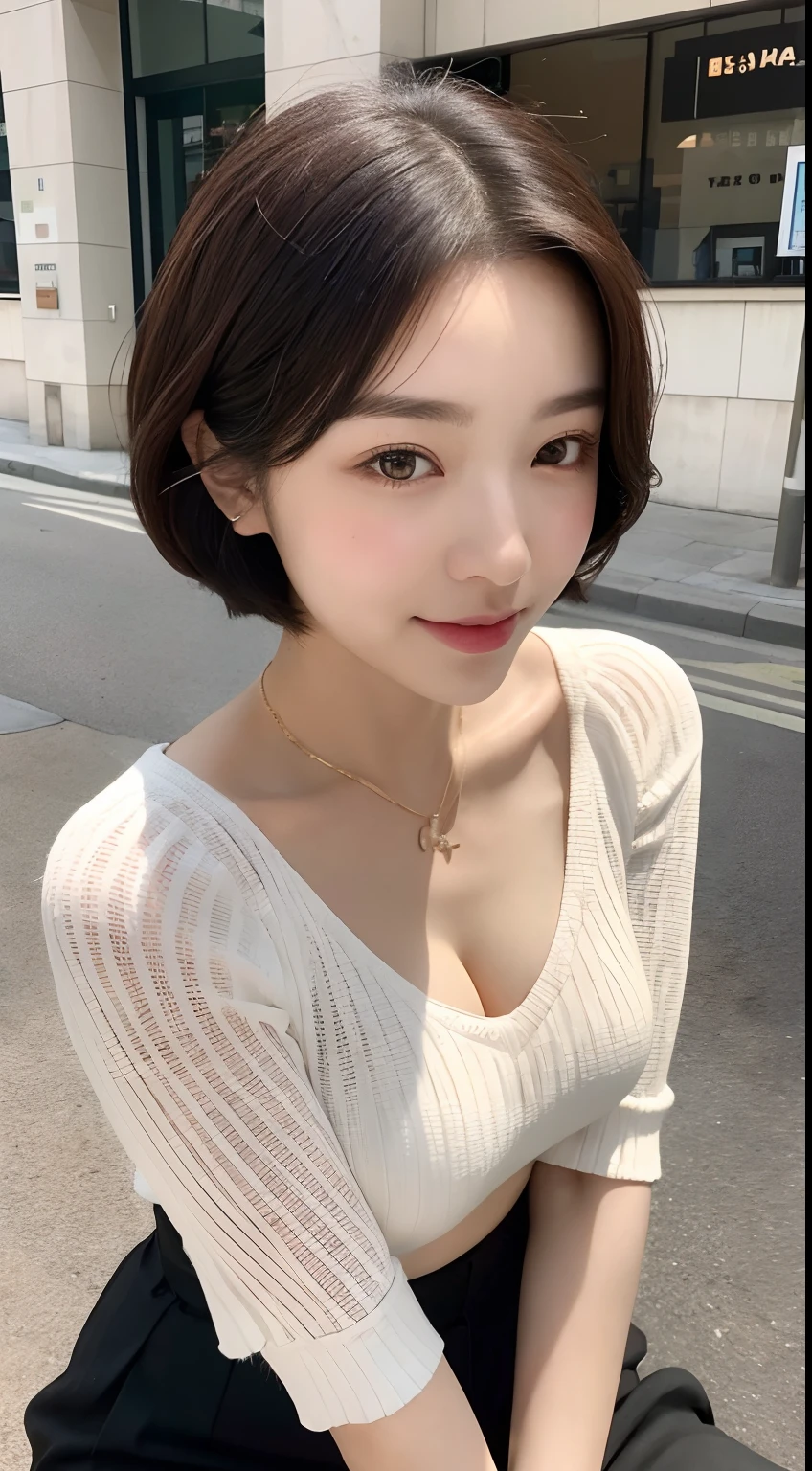 ((best qualtiy,8K,tmasterpiece:1.3)),Perfect beauty:1.4,glute:1.2,(Layered Hair Style:1.2)),(the street:1.3),Highly Detailed Face and Skin Textur,full bodyesbian,Elaborate Eyes,二重まぶた,Whitens the skin,Short wave hair,Cute Korean beauty(with a round face:1.5),(Black top,short skirt:1.6)ssmile