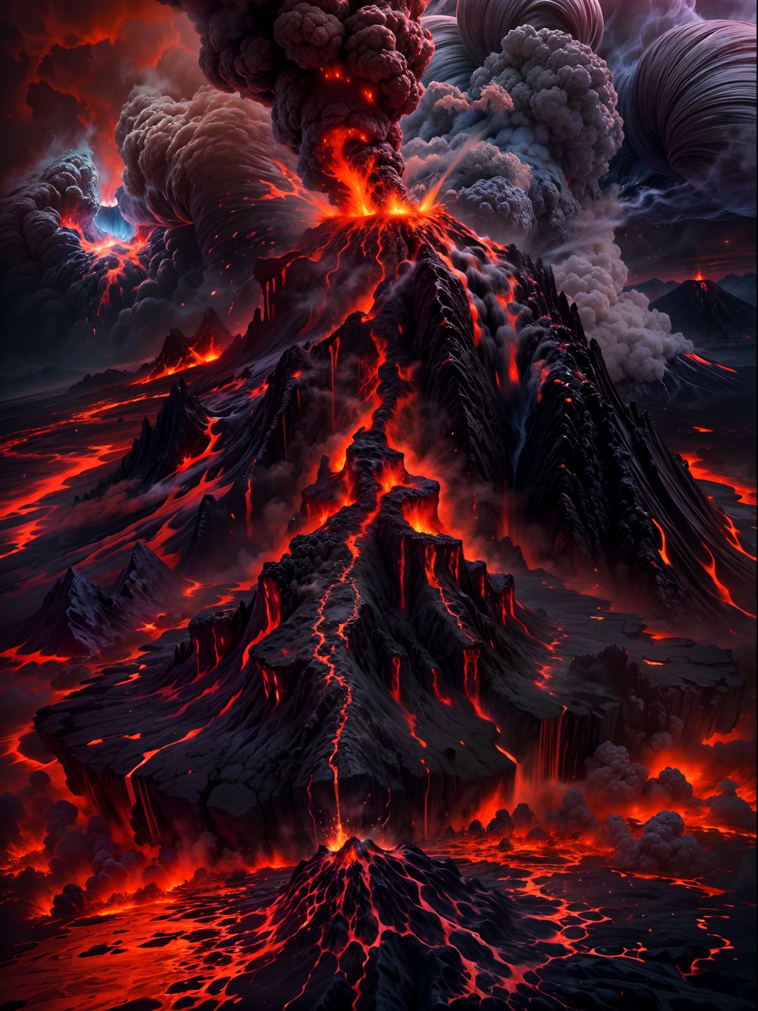 (Best quality,4K,8K,A high resolution,Masterpiece:1.2)。wallpaper hd，The power of nature。（Close-up of volcanic island：volcano exploding，Lava eruption，Smoke rises into the air，Ominous clouds，Red volcanic magma flowing in the fissure，Liquid magma，A large amount of liquid magma）