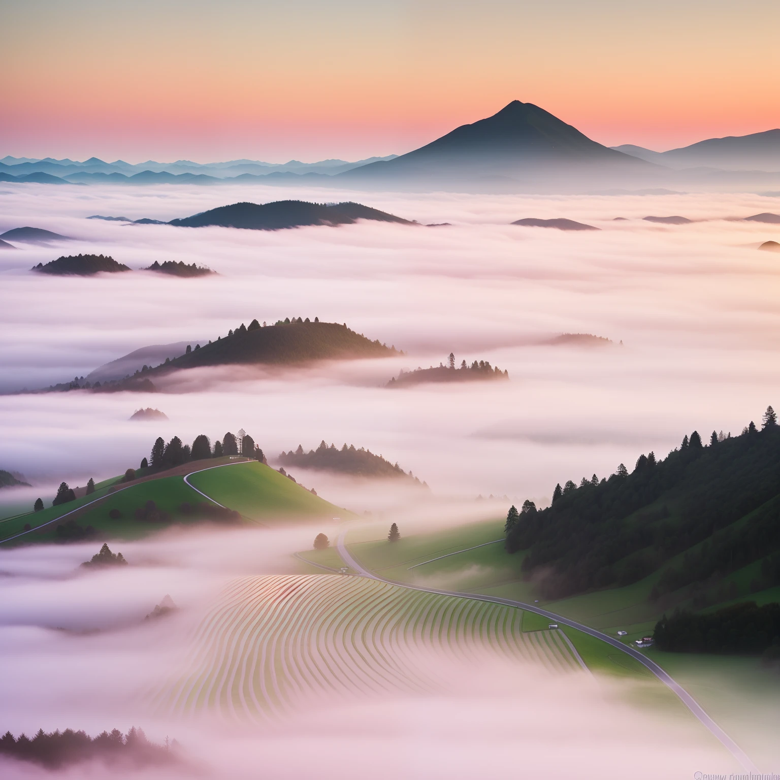 foggy hills and valleys in the morning with a pink sky, (mist), dreamy landscape, misty morning, mist, misty mountains, an amazing landscape image, morning mist, foggy photo 8 k, amazing landscape, by Raymond Han, mists, valley mist, misty mood, in the morning mist, soft mist, morning fog, beautiful dreamy landscape, mist in valley, foggy landscape