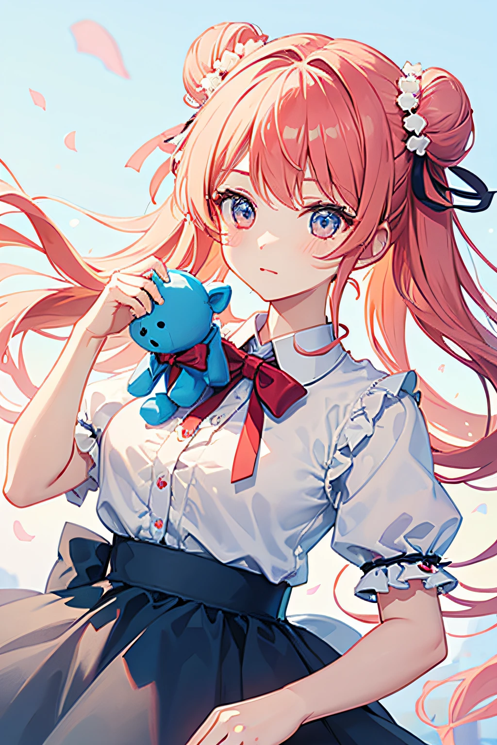 Girl floating and holding stuffed animal cute little Half Twin Bun bow ribbon Flowers short sleeved shirt Cute eyes Floating opening